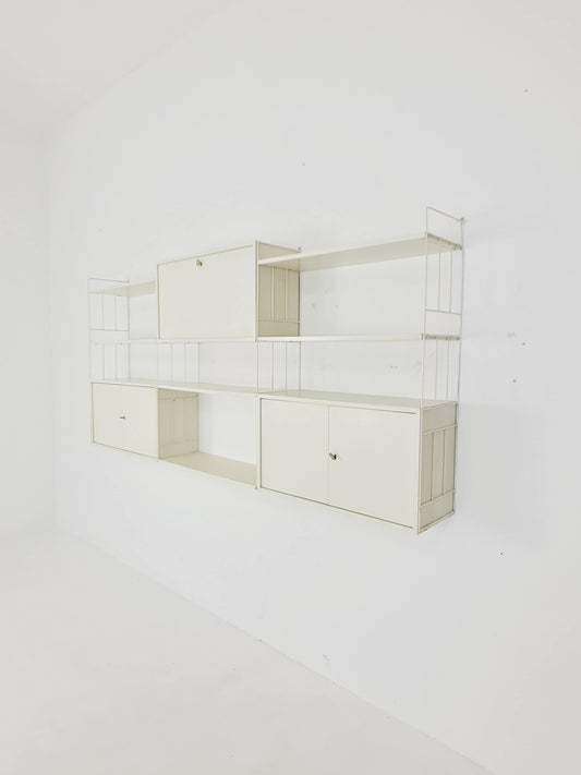 Wall-hanging String shelf-system, bookcase with bar cabinetby WHB Germany, 1950s