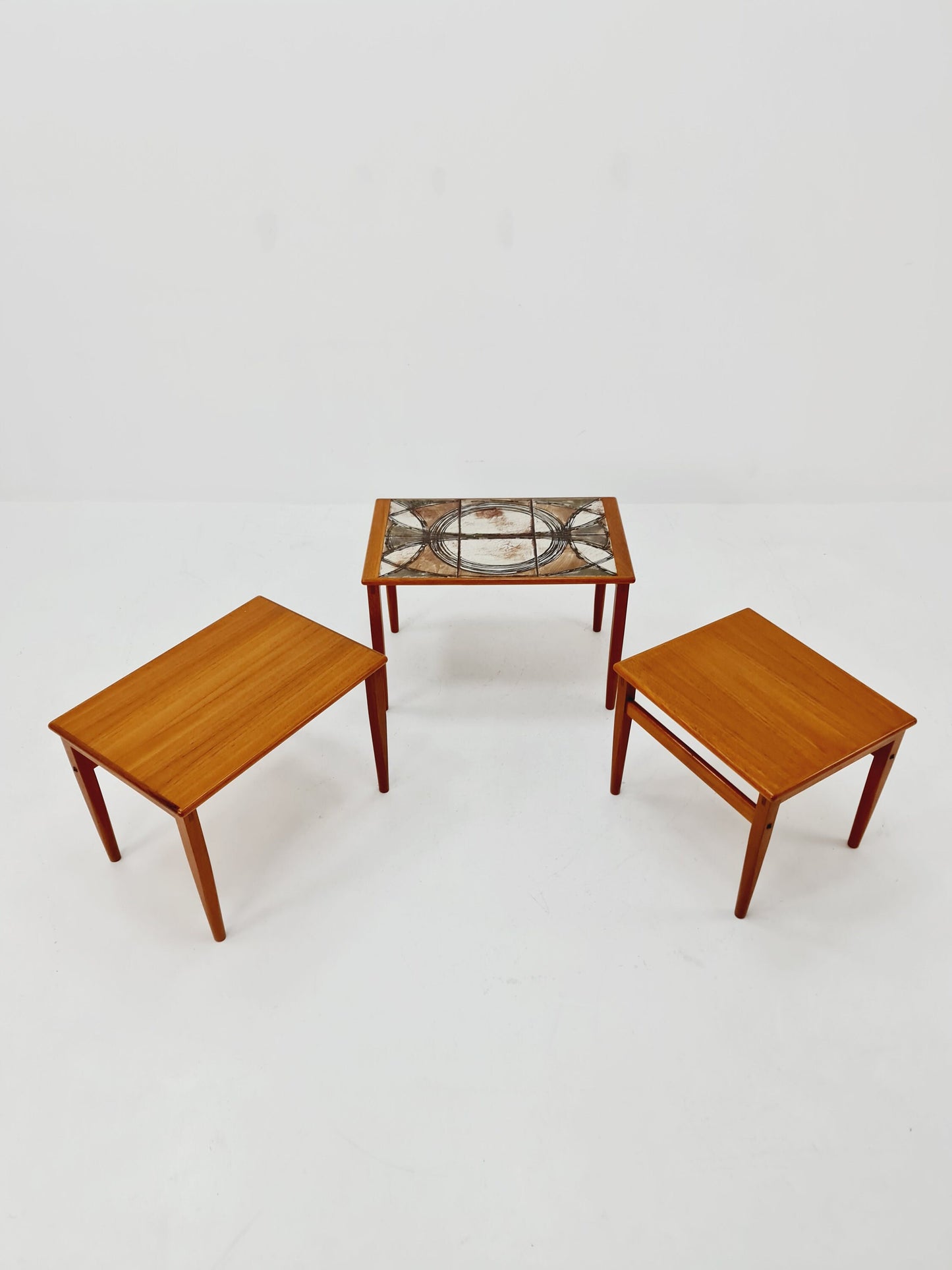 Midcentury danish teak + ceramic By OX Art nesting tables/ side tables by Trioh 1970s