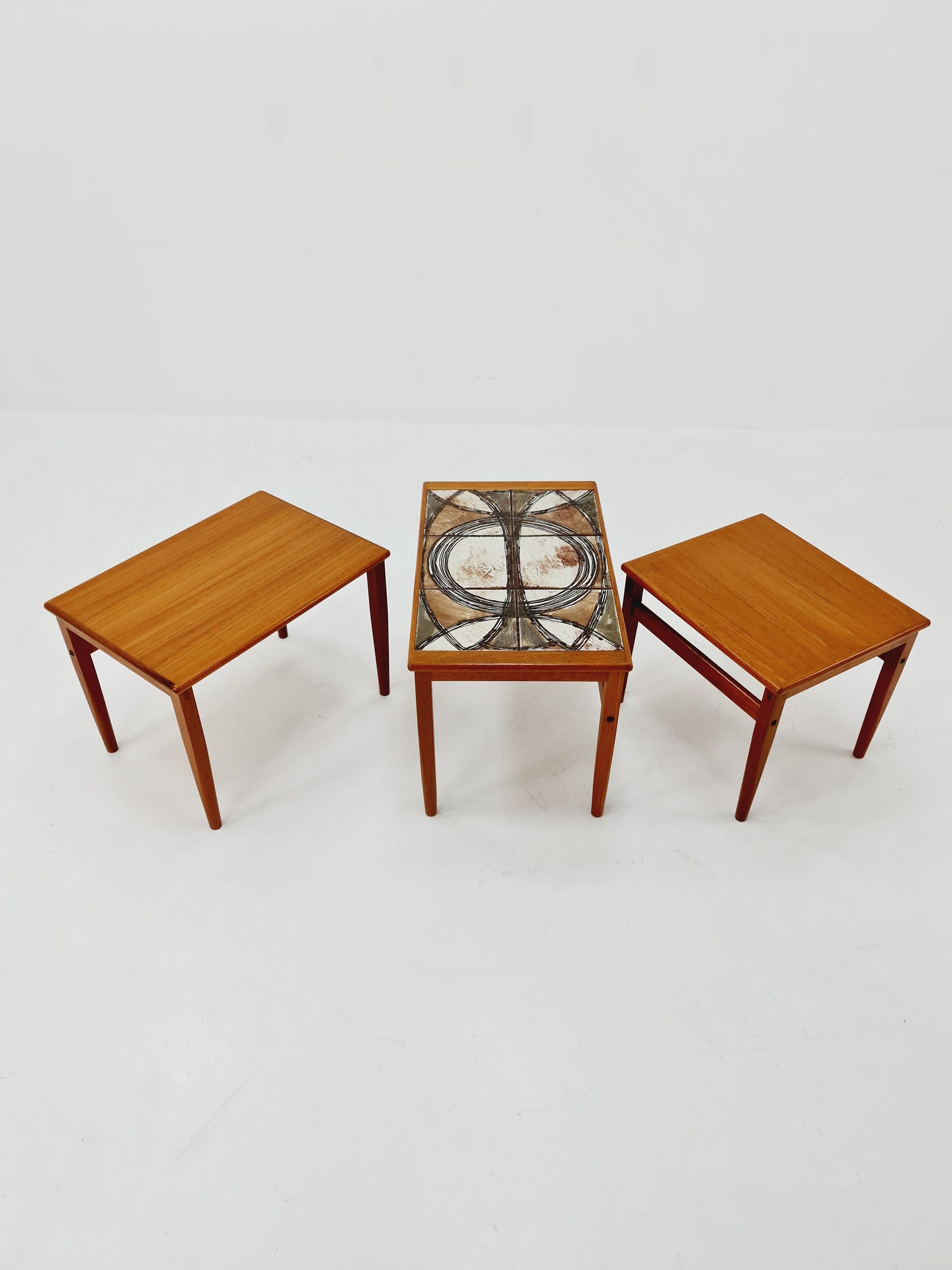 Midcentury danish teak + ceramic By OX Art nesting tables/ side tables by Trioh 1970s