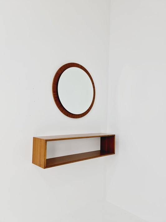 Mid Century walnut German Mirror with walnut shelf , 60s