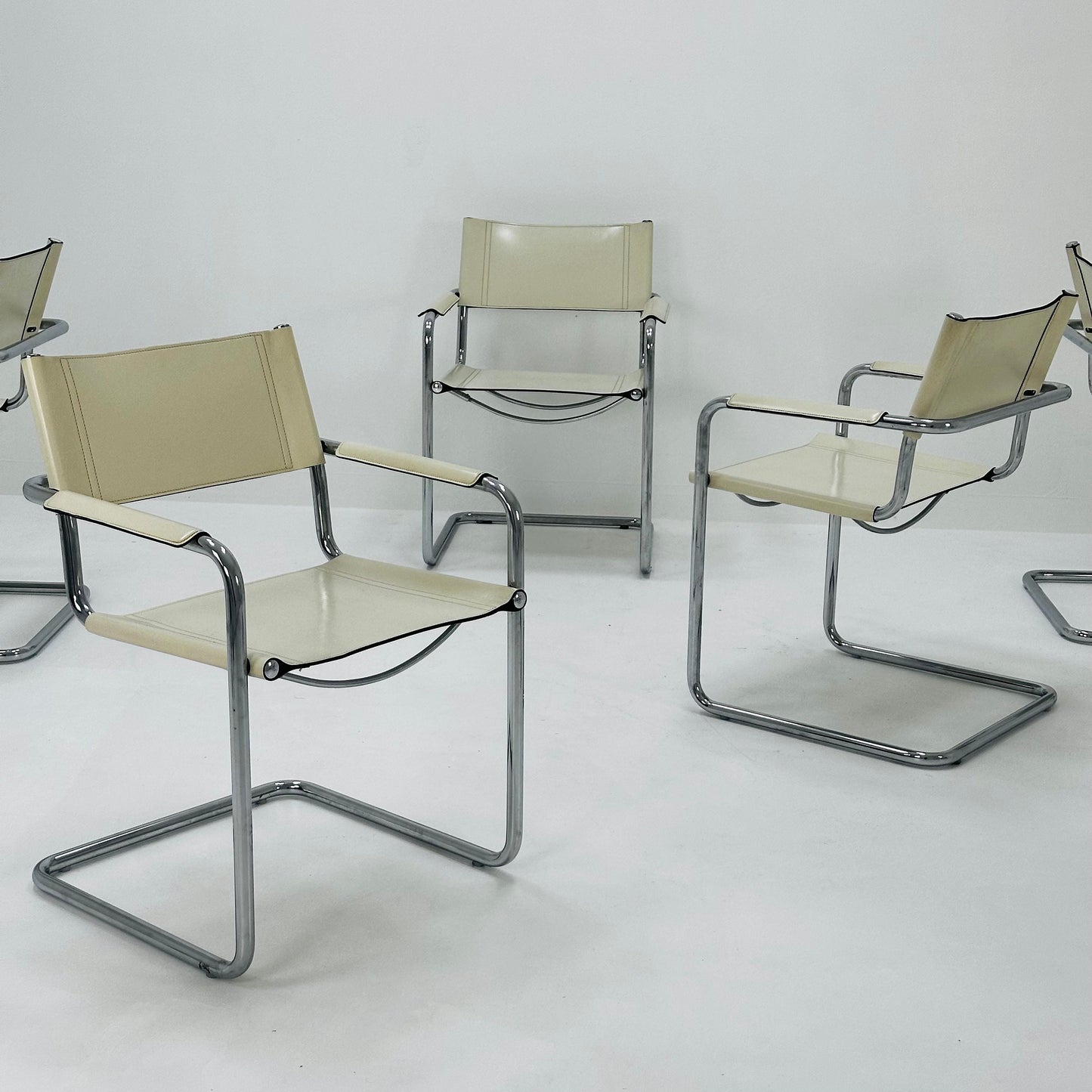 Set of 6 Model MG5 Centro Studi dining white leather chairs by Mart Stam & Marcel Breuer for Matteo Grassi, 1980s