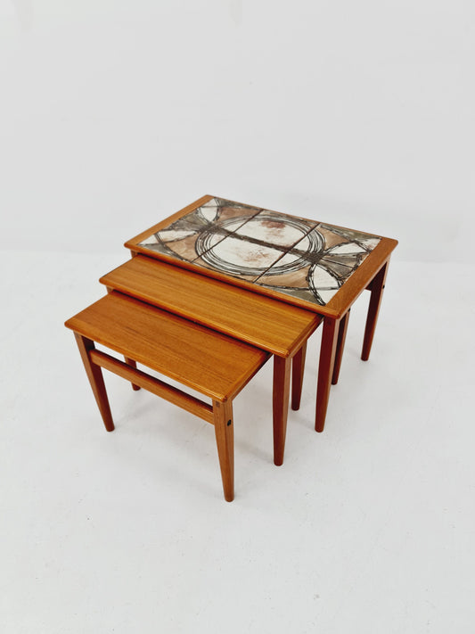 Midcentury danish teak + ceramic By OX Art nesting tables/ side tables by Trioh 1970s
