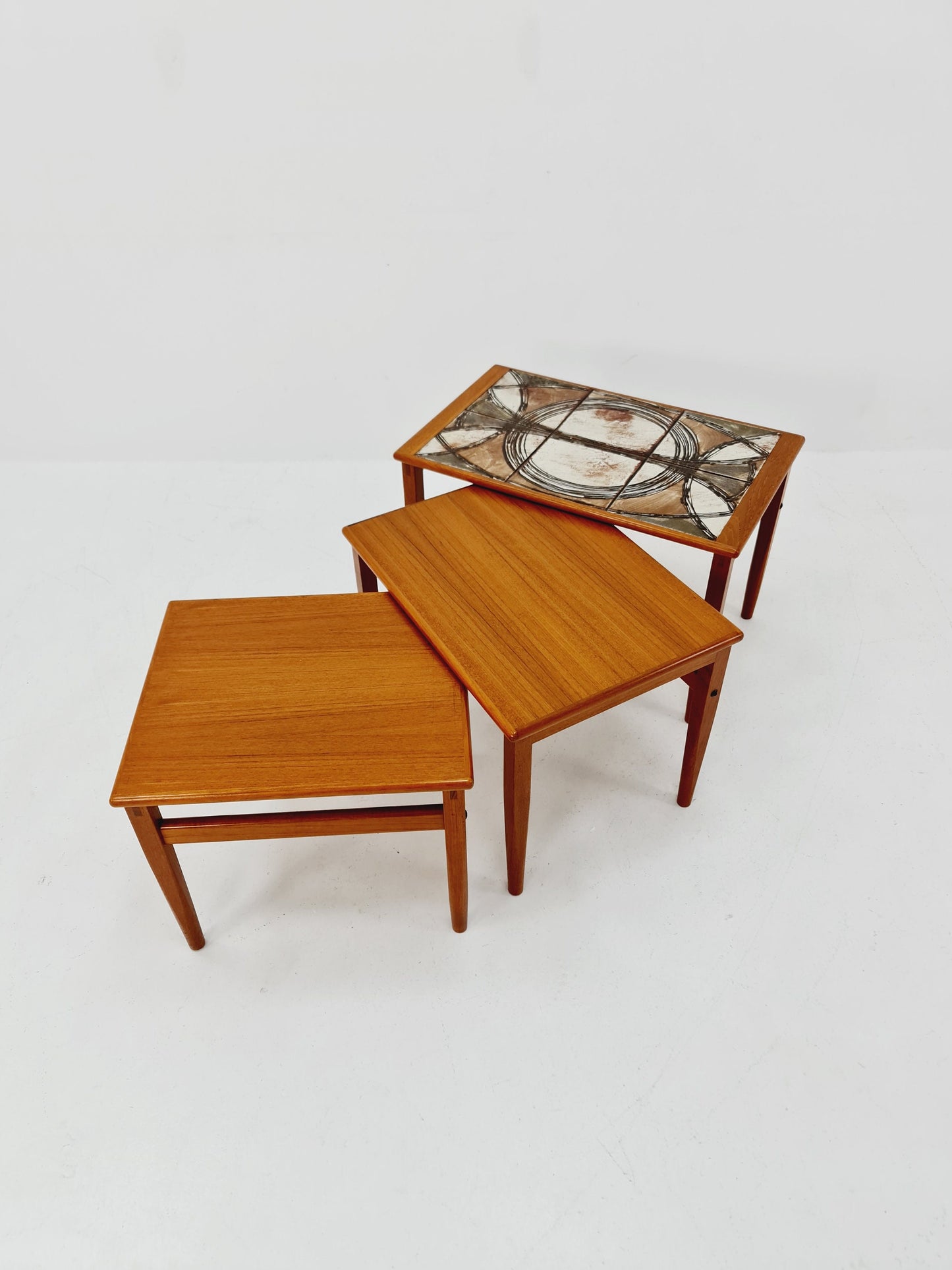 Midcentury danish teak + ceramic By OX Art nesting tables/ side tables by Trioh 1970s