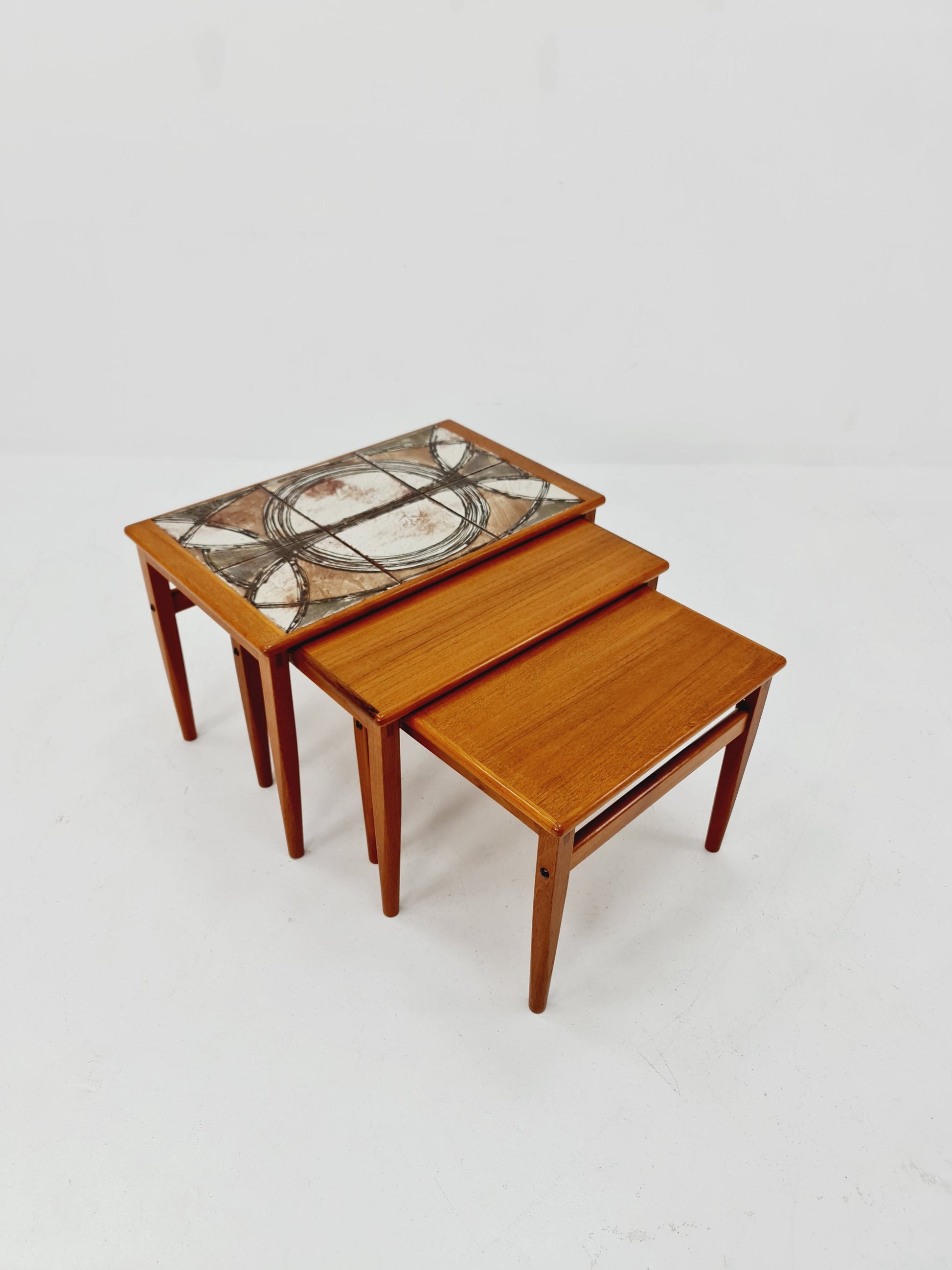 Midcentury danish teak + ceramic By OX Art nesting tables/ side tables by Trioh 1970s