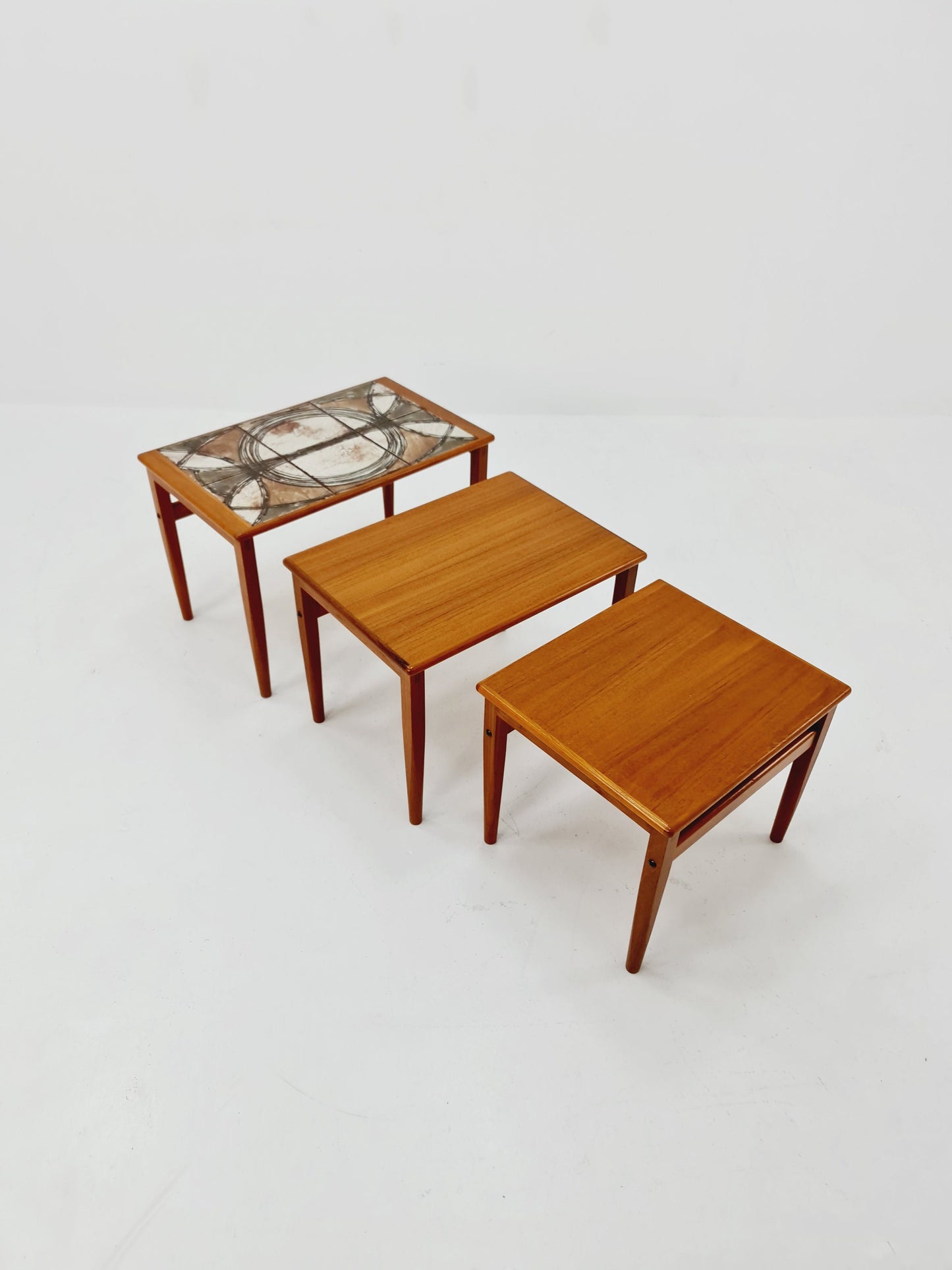 Midcentury danish teak + ceramic By OX Art nesting tables/ side tables by Trioh 1970s