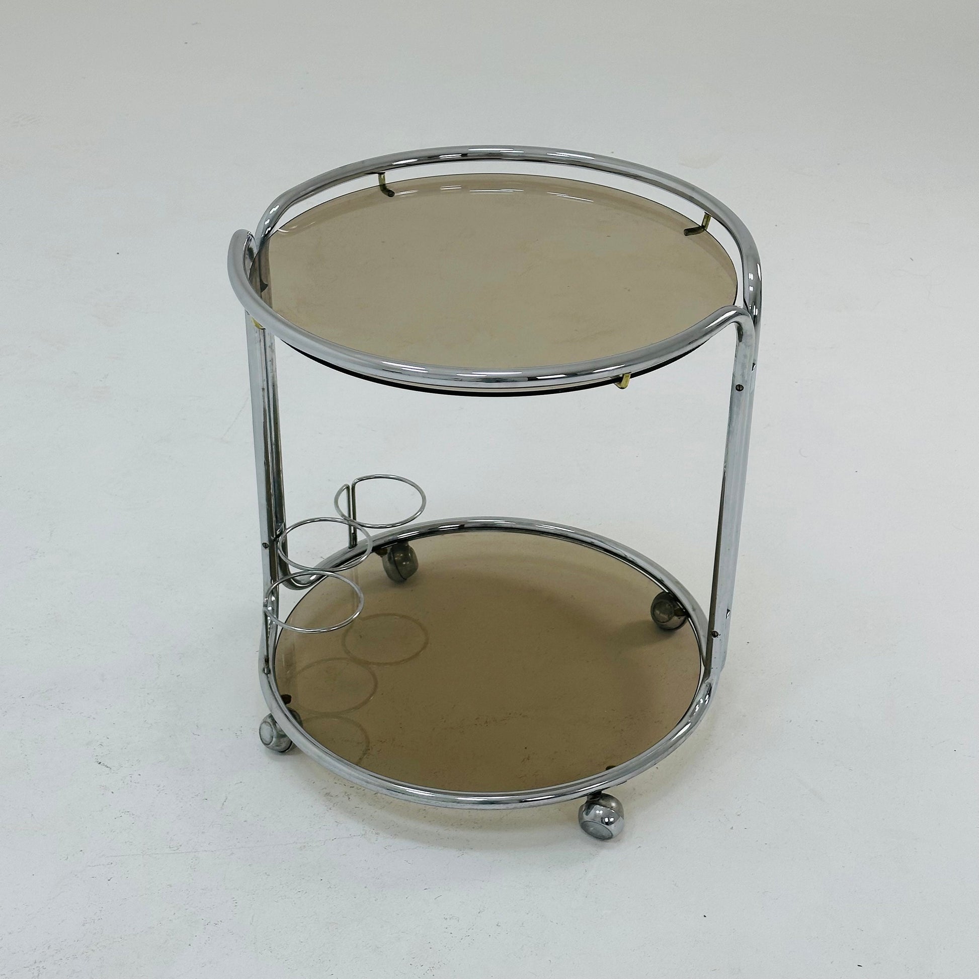 Mid century Chrome bar cart/serving trolley. Smoked glass Bauhaus Italy 1980s