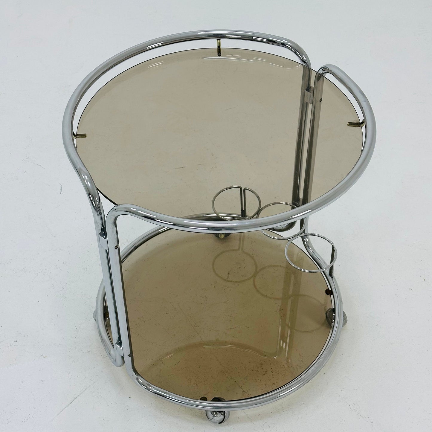 Mid century Chrome bar cart/serving trolley. Smoked glass Bauhaus Italy 1980s