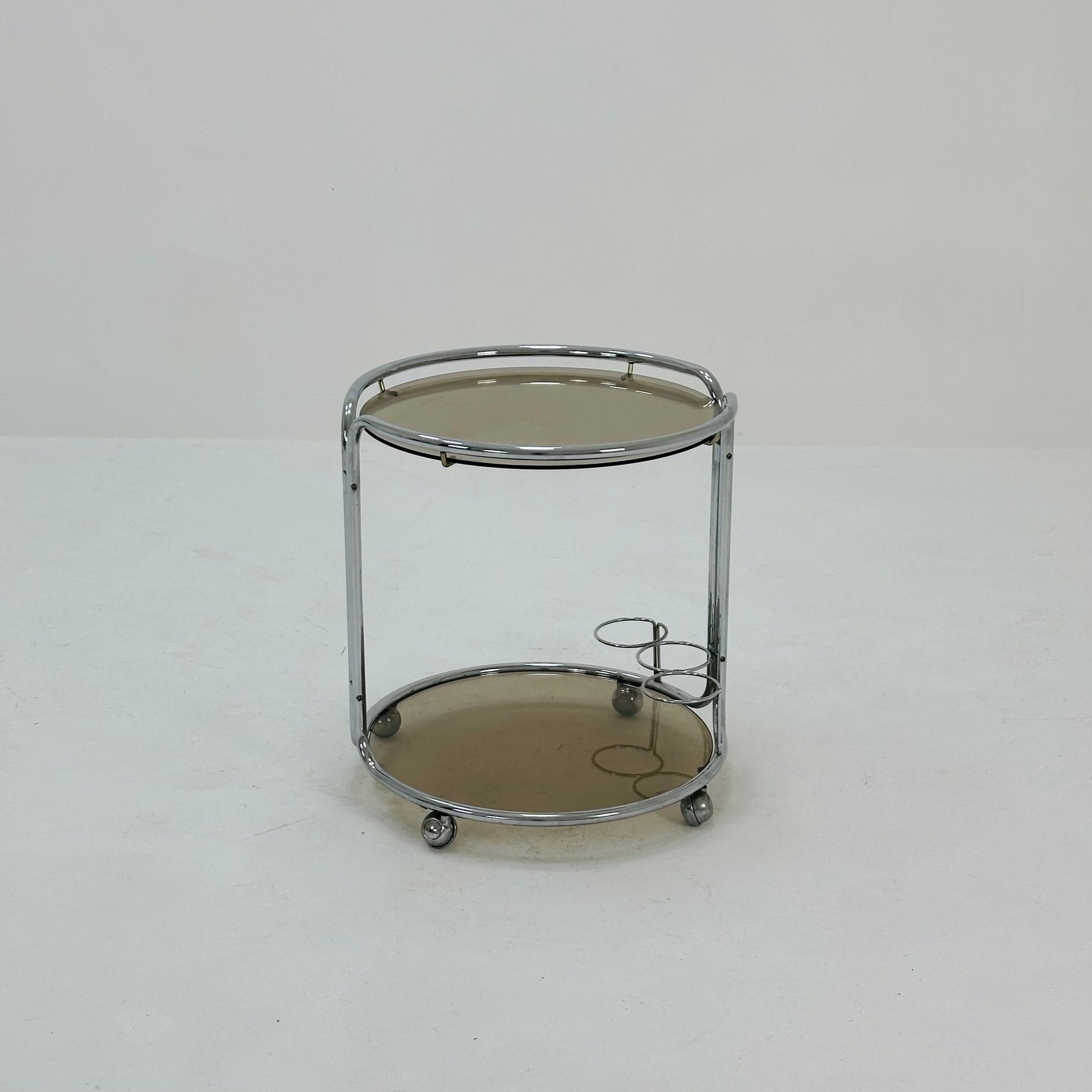 Mid century Chrome bar cart/serving trolley. Smoked glass Bauhaus Italy 1980s