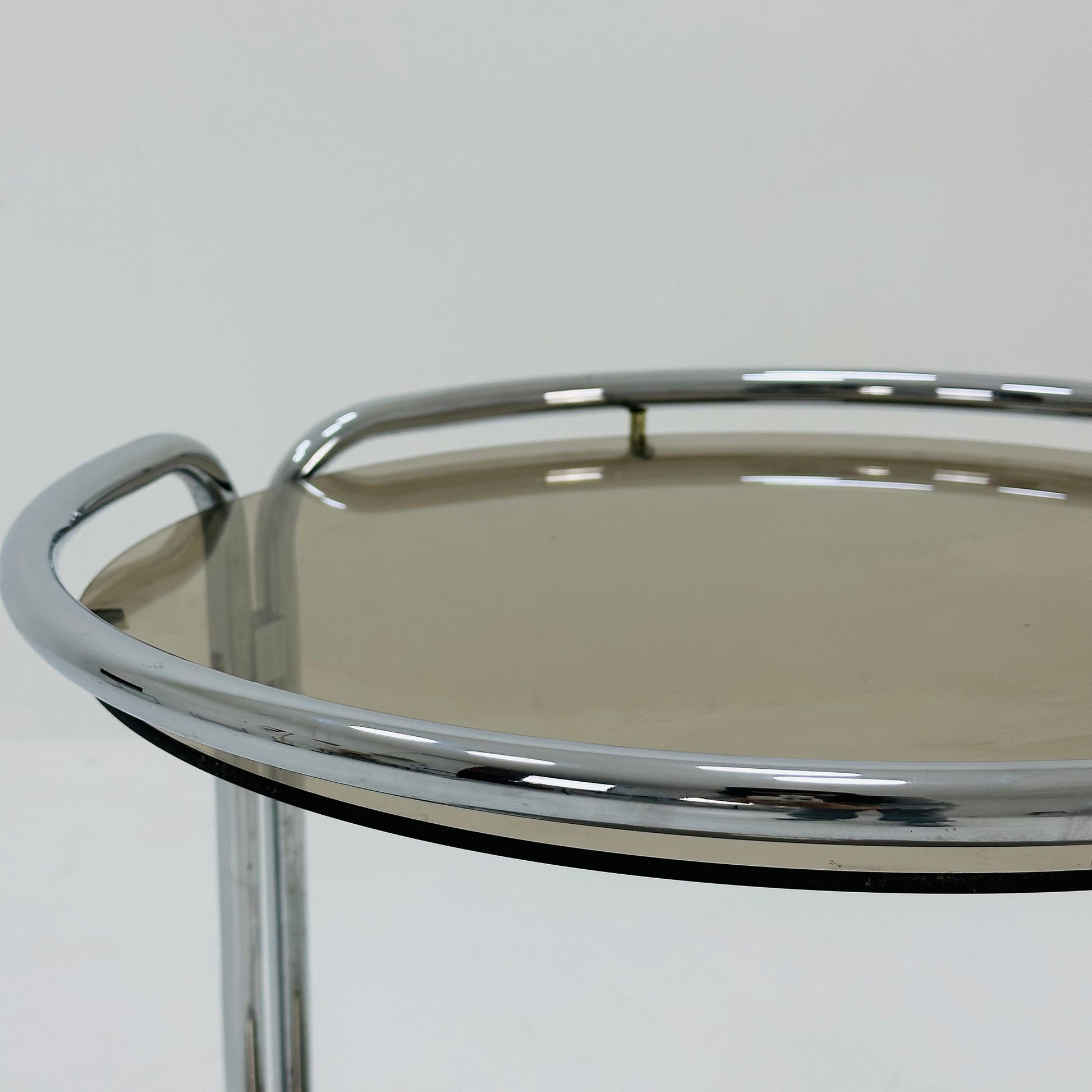 Mid century Chrome bar cart/serving trolley. Smoked glass Bauhaus Italy 1980s