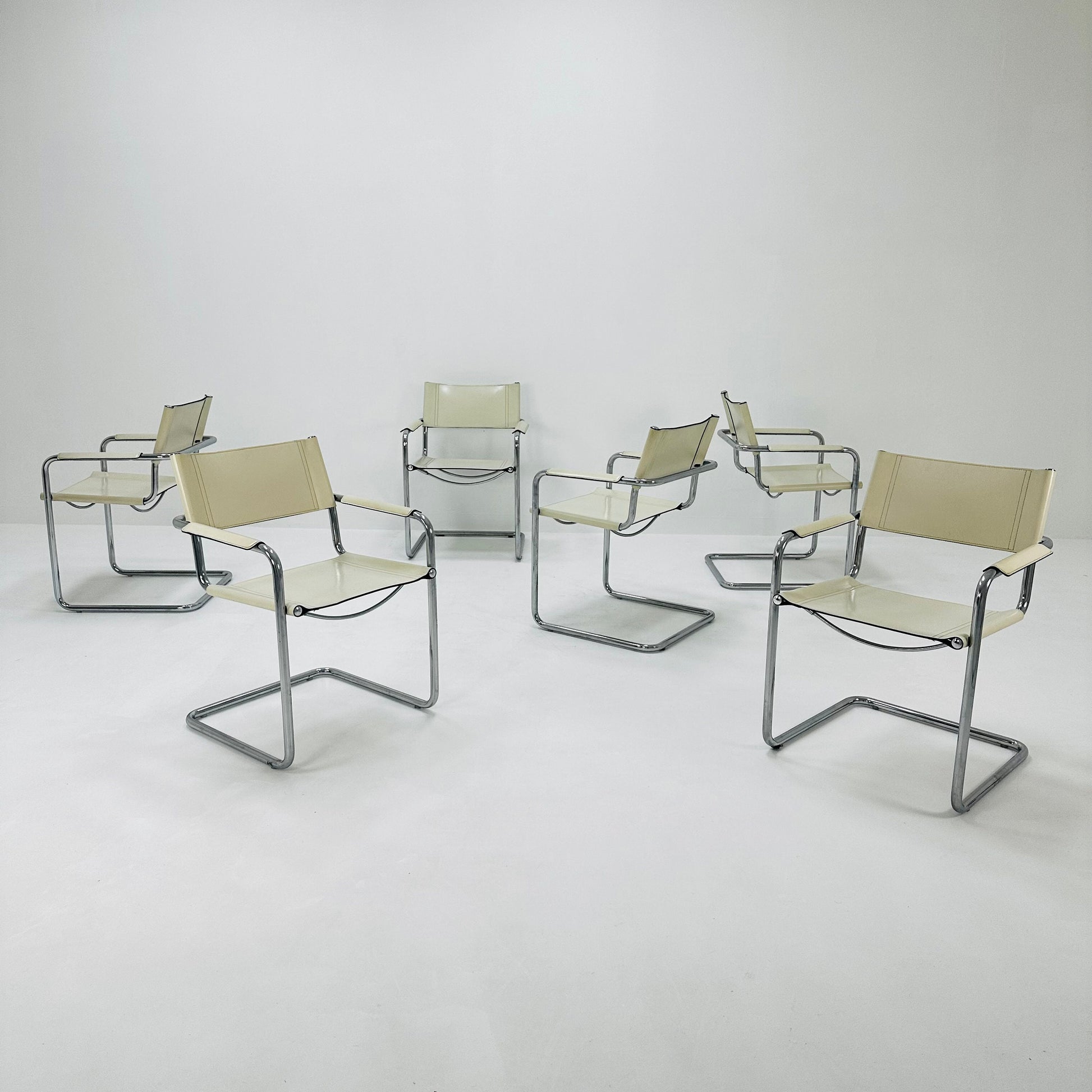 Set of 6 Model MG5 Centro Studi dining white leather chairs by Mart Stam & Marcel Breuer for Matteo Grassi, 1980s