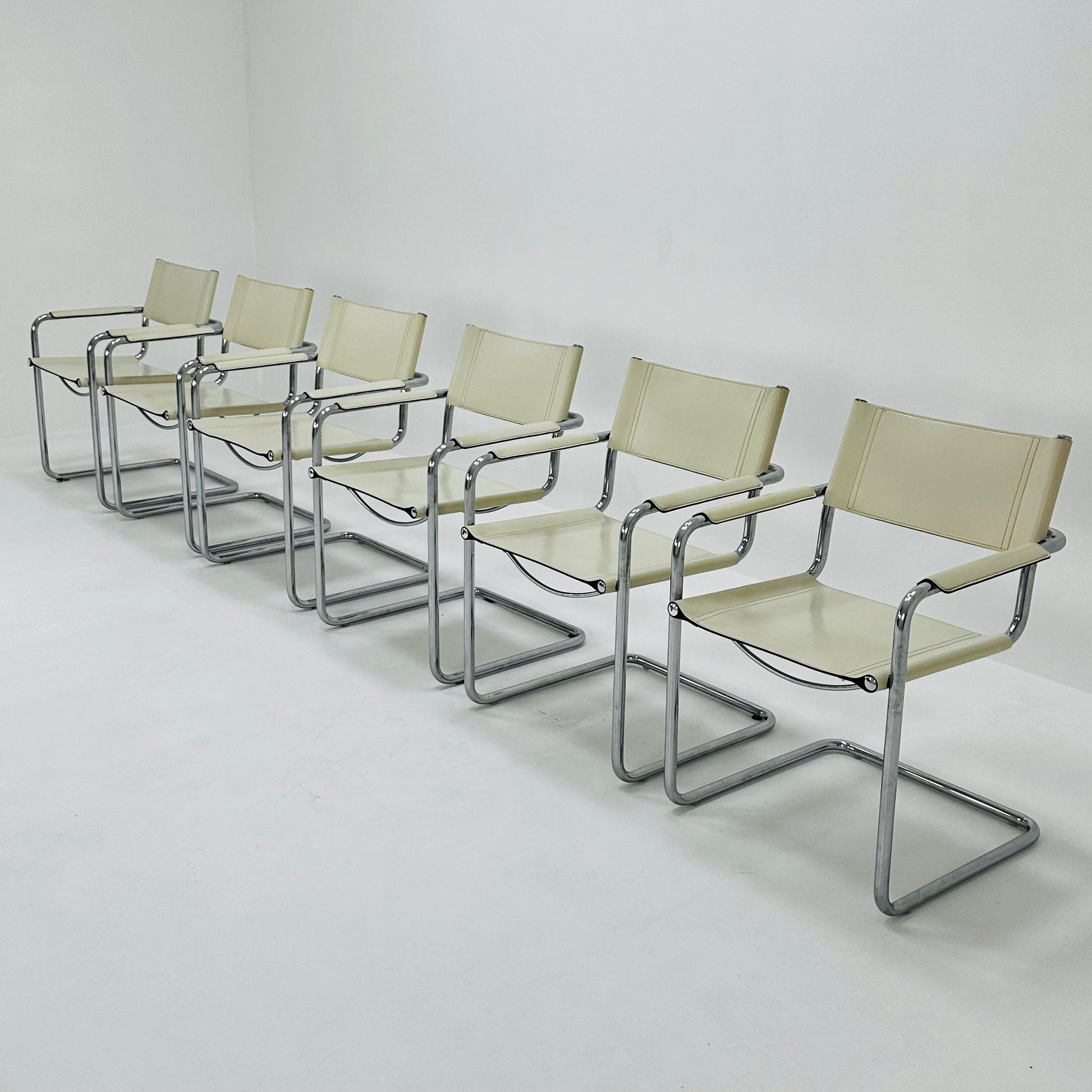 Set of 6 Model MG5 Centro Studi dining white leather chairs by Mart Stam & Marcel Breuer for Matteo Grassi, 1980s
