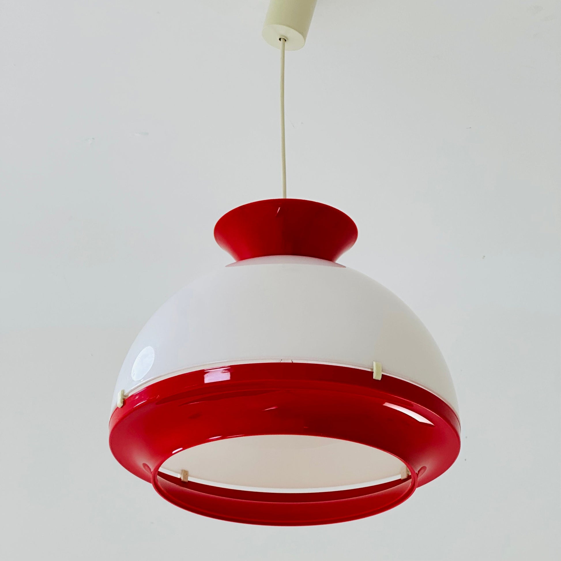 Space age White & Red Plastic Pendant Light. Italy 1980s
