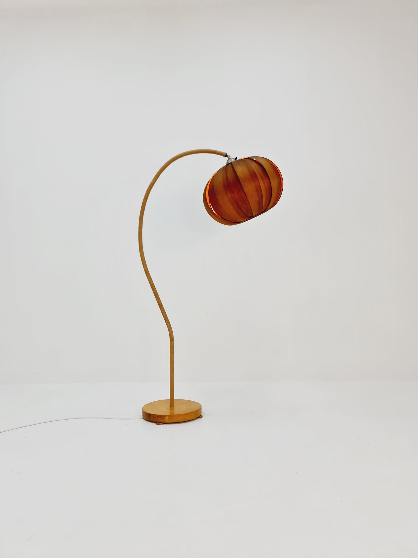 Rare Midcentury vintage gooseneck floor lamp Danish paper cord with big veneer shade by Marksljöd Sweden, 1940s