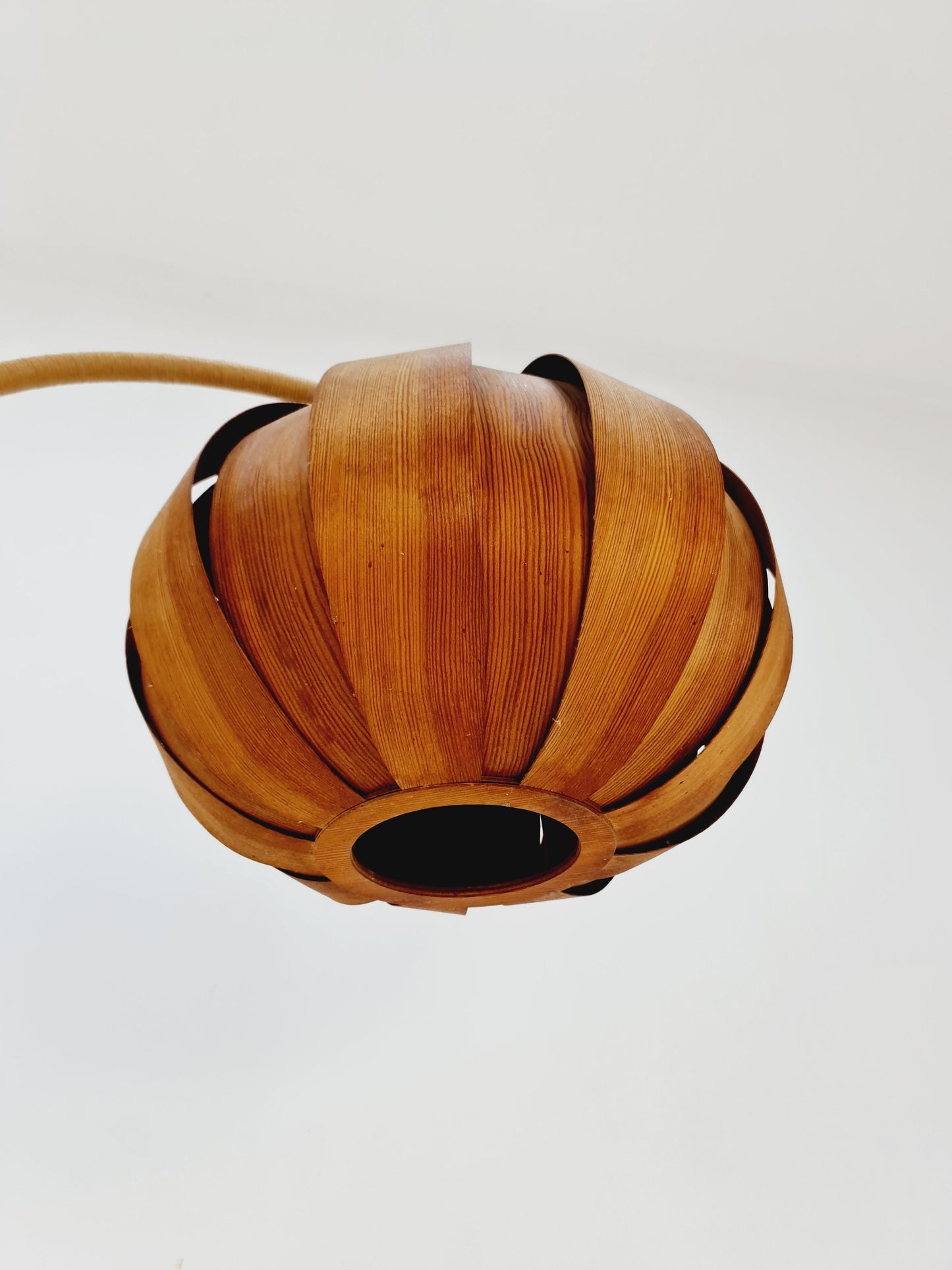 Rare Midcentury vintage gooseneck floor lamp Danish paper cord with big veneer shade by Marksljöd Sweden, 1940s