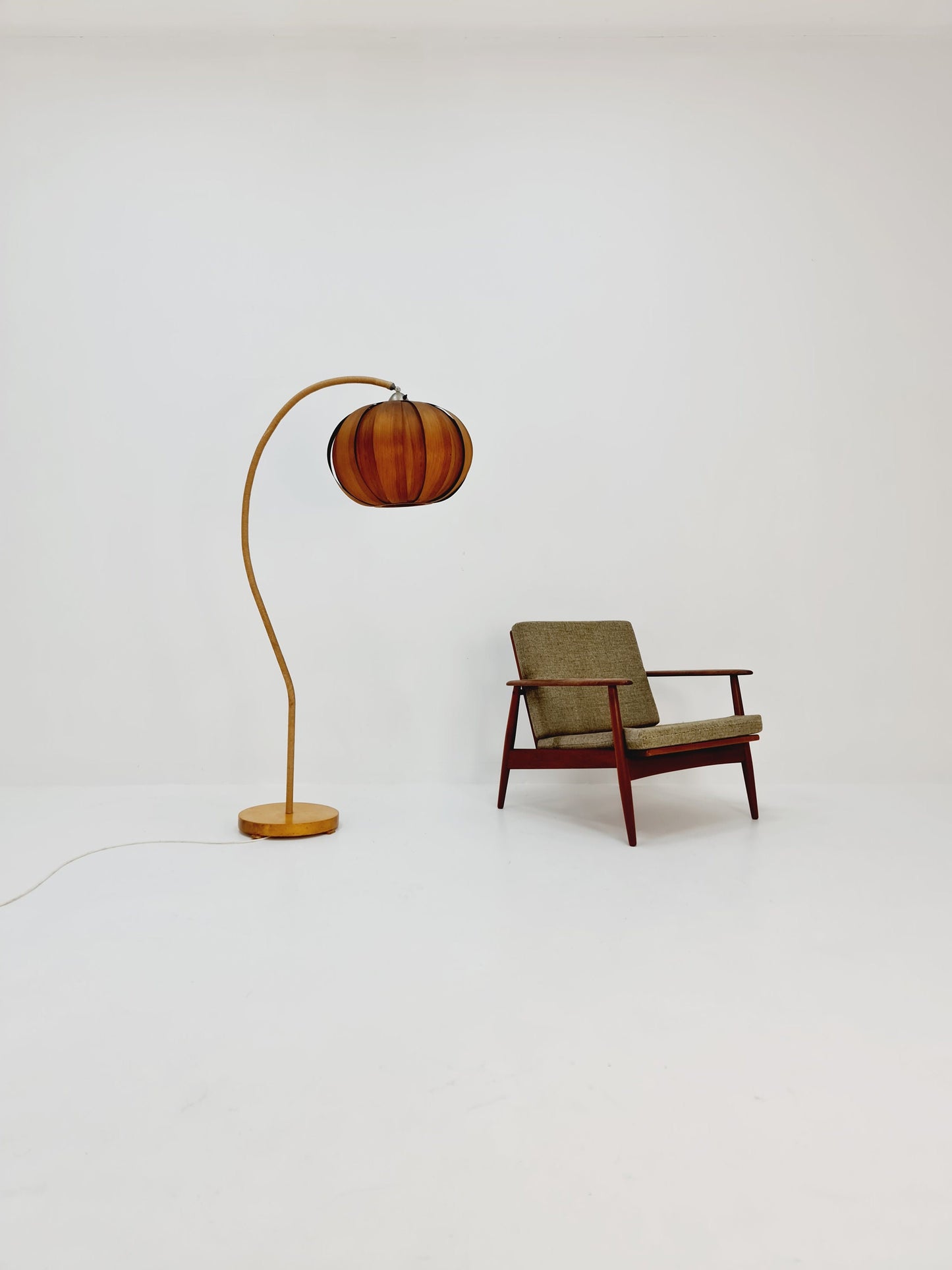 Rare Midcentury vintage gooseneck floor lamp Danish paper cord with big veneer shade by Marksljöd Sweden, 1940s