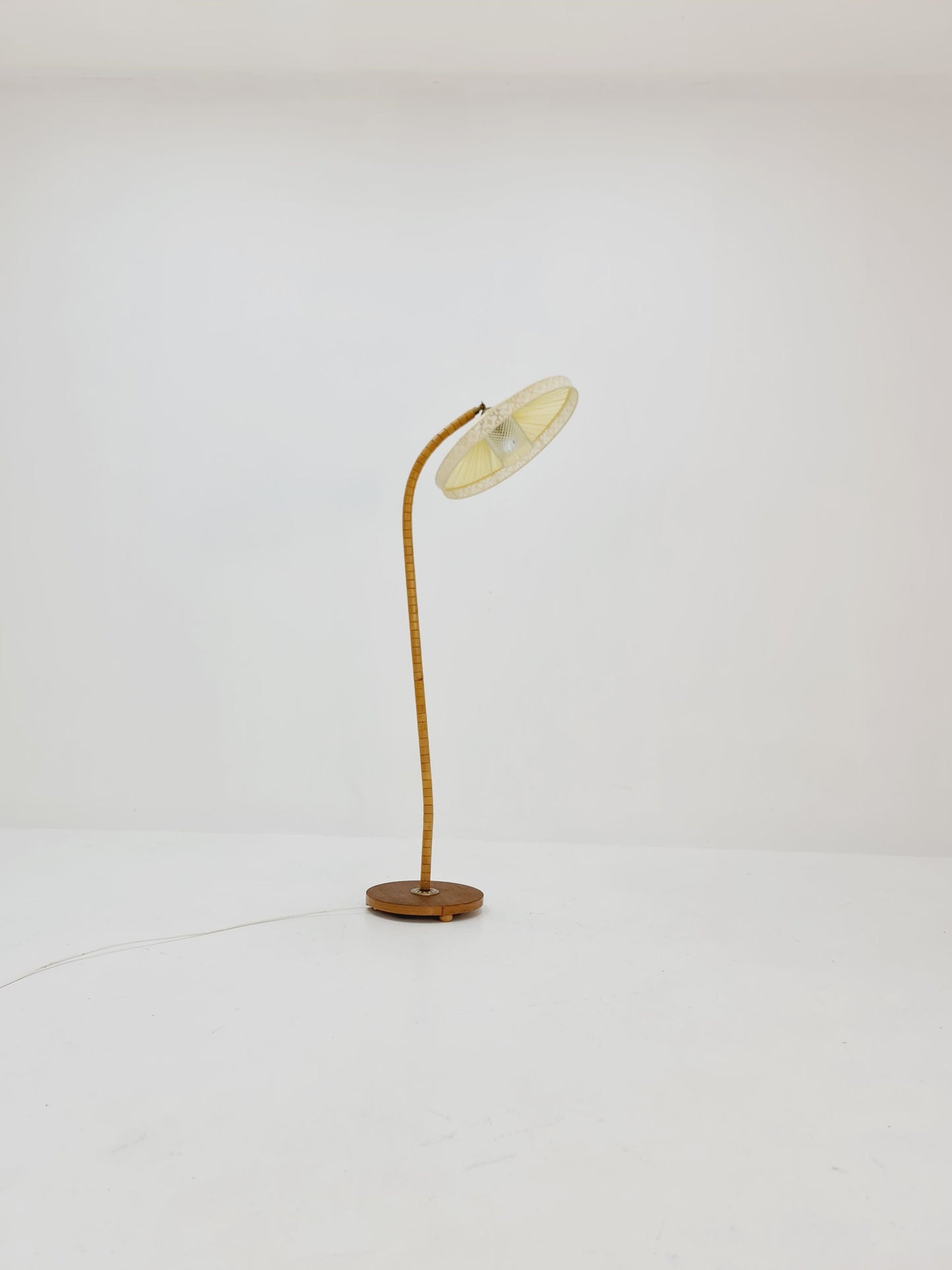 Midcentury vintage gooseneck floor lamp in teak and beech with glass and fabric shade by Marksljöd Sweden, 1950s