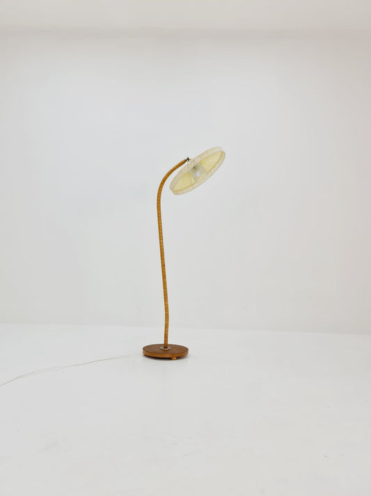 Midcentury vintage gooseneck floor lamp in teak and beech with glass and fabric shade by Marksljöd Sweden, 1950s