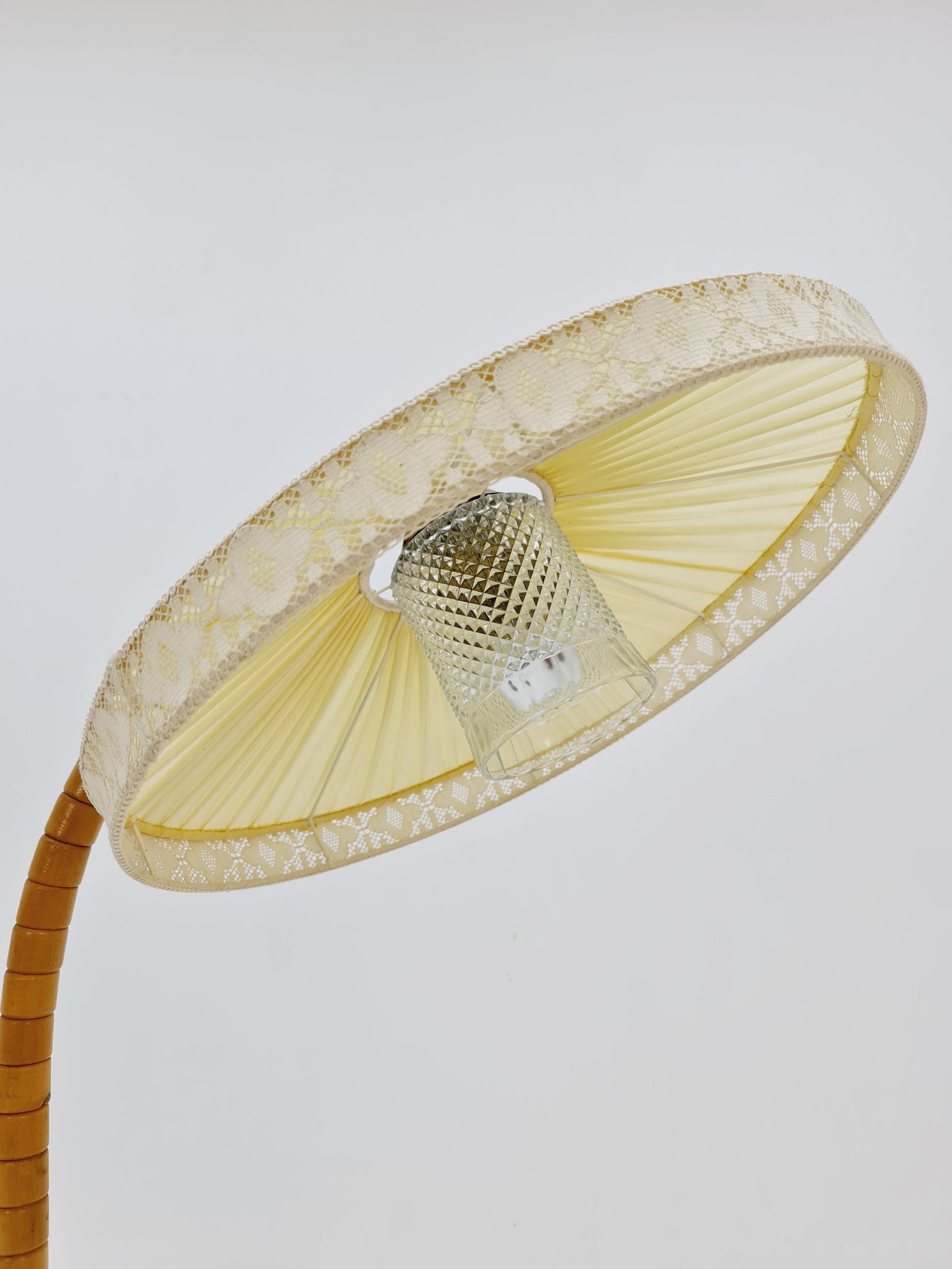 Midcentury vintage gooseneck floor lamp in teak and beech with glass and fabric shade by Marksljöd Sweden, 1950s