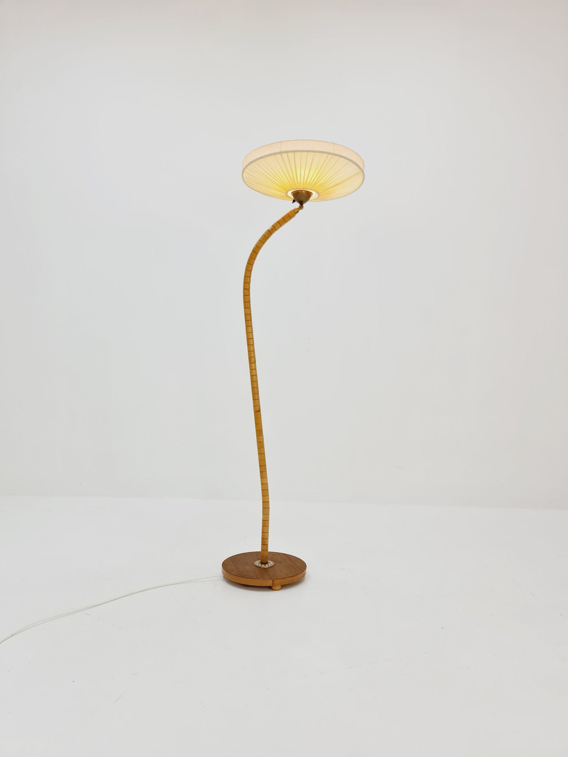 Midcentury vintage gooseneck floor lamp in teak and beech with glass and fabric shade by Marksljöd Sweden, 1950s