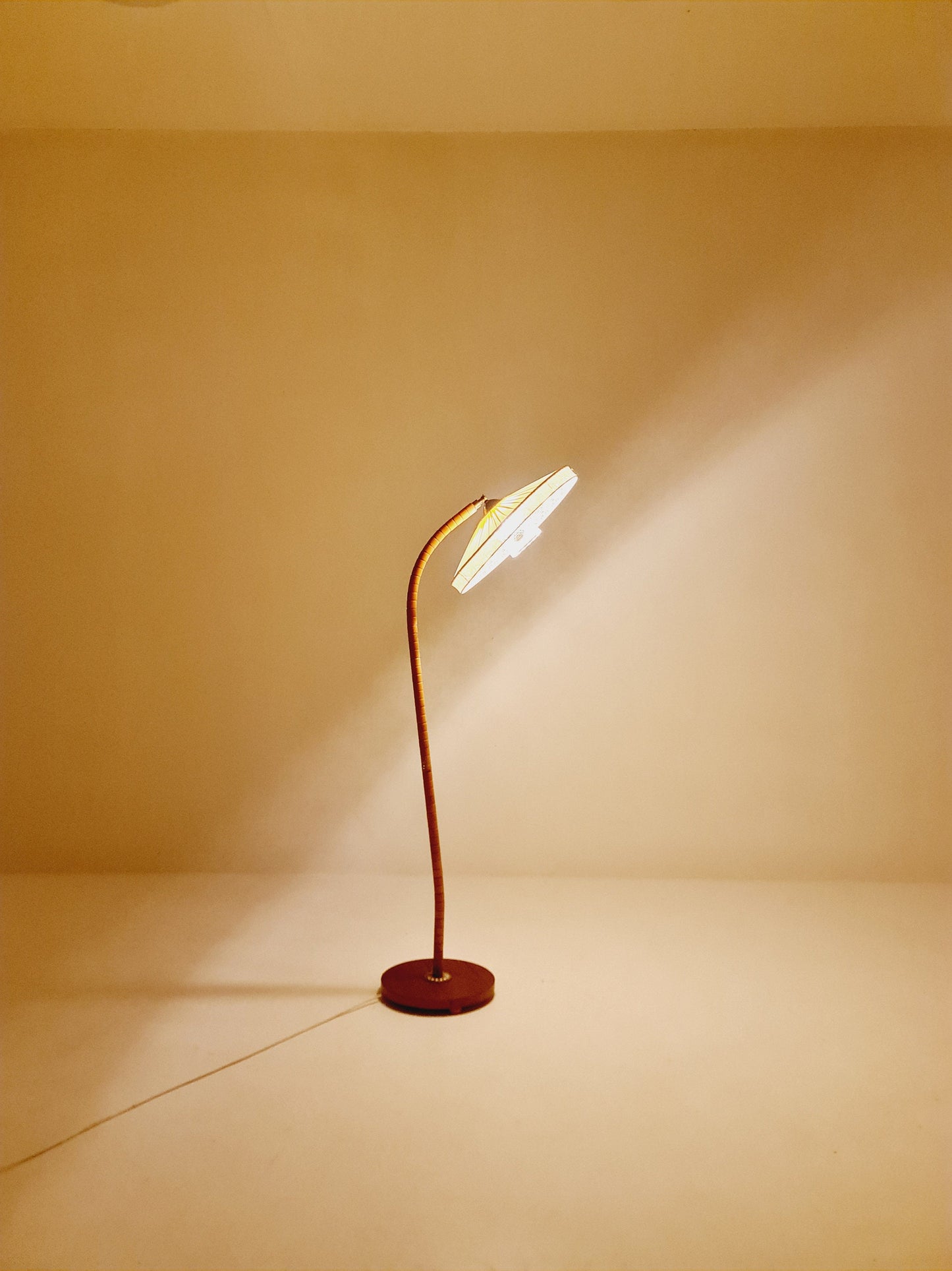 Midcentury vintage gooseneck floor lamp in teak and beech with glass and fabric shade by Marksljöd Sweden, 1950s