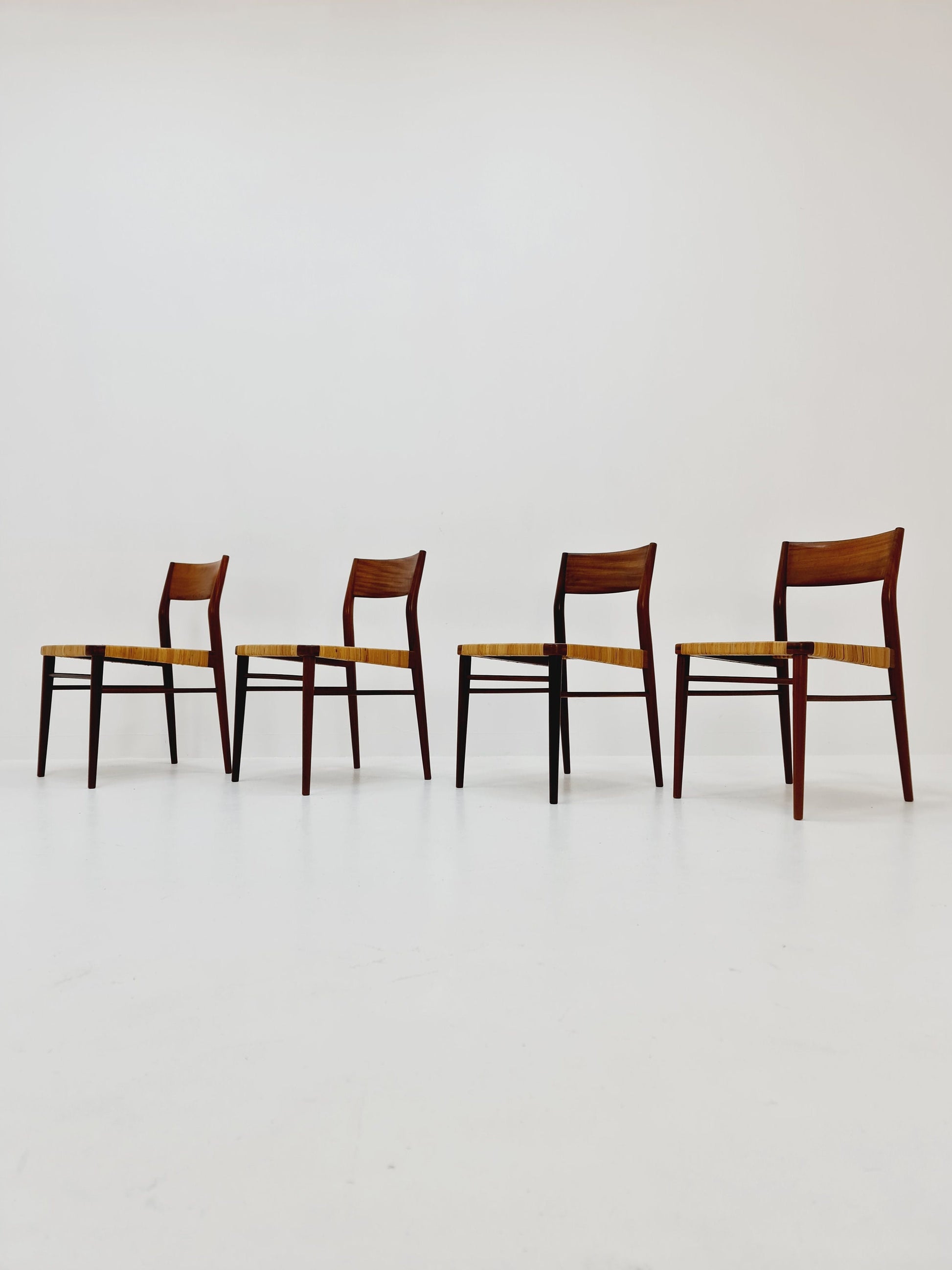 Mid Century German teak and rattan chairs by Georg Leowald for Wilkhahn, 1960s, Set of 4