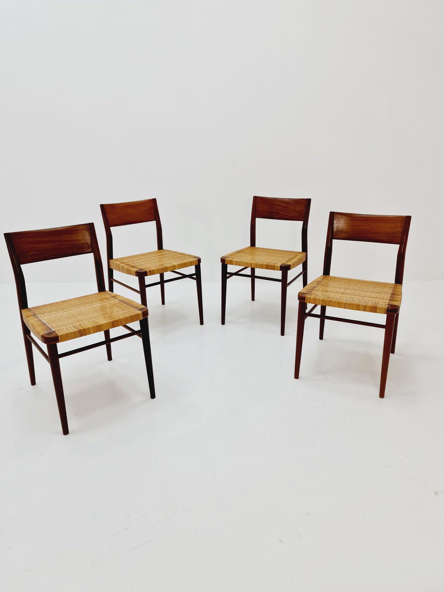 Mid Century German teak and rattan chairs by Georg Leowald for Wilkhahn, 1960s, Set of 4