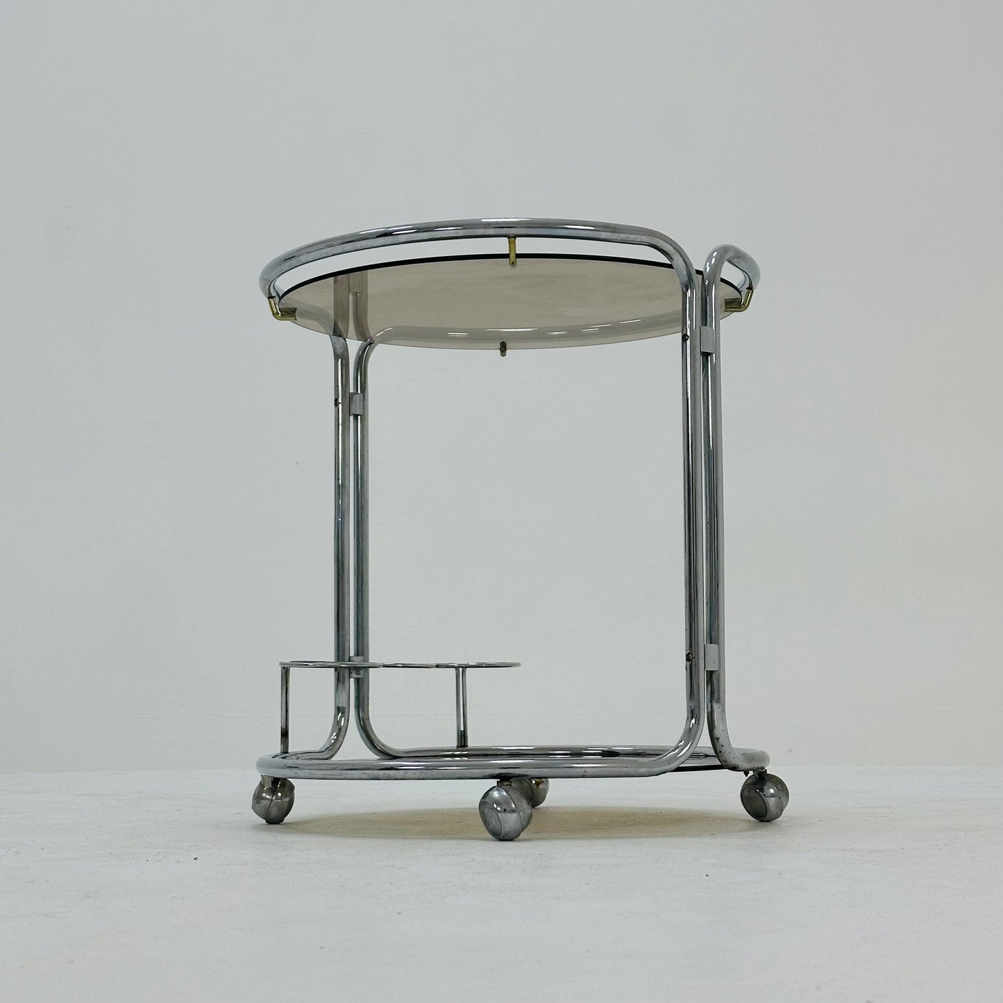 Mid century Chrome bar cart/serving trolley. Smoked glass Bauhaus Italy 1980s