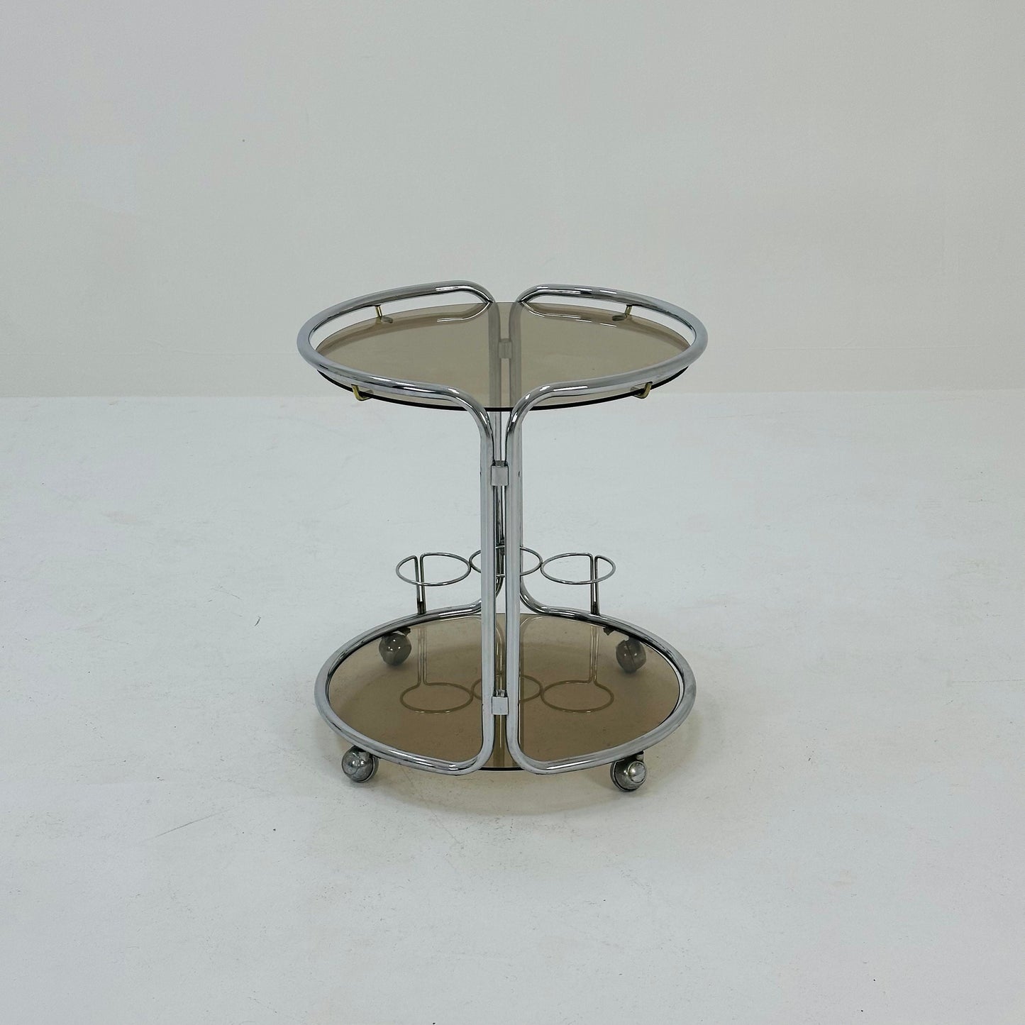 Mid century Chrome bar cart/serving trolley. Smoked glass Bauhaus Italy 1980s