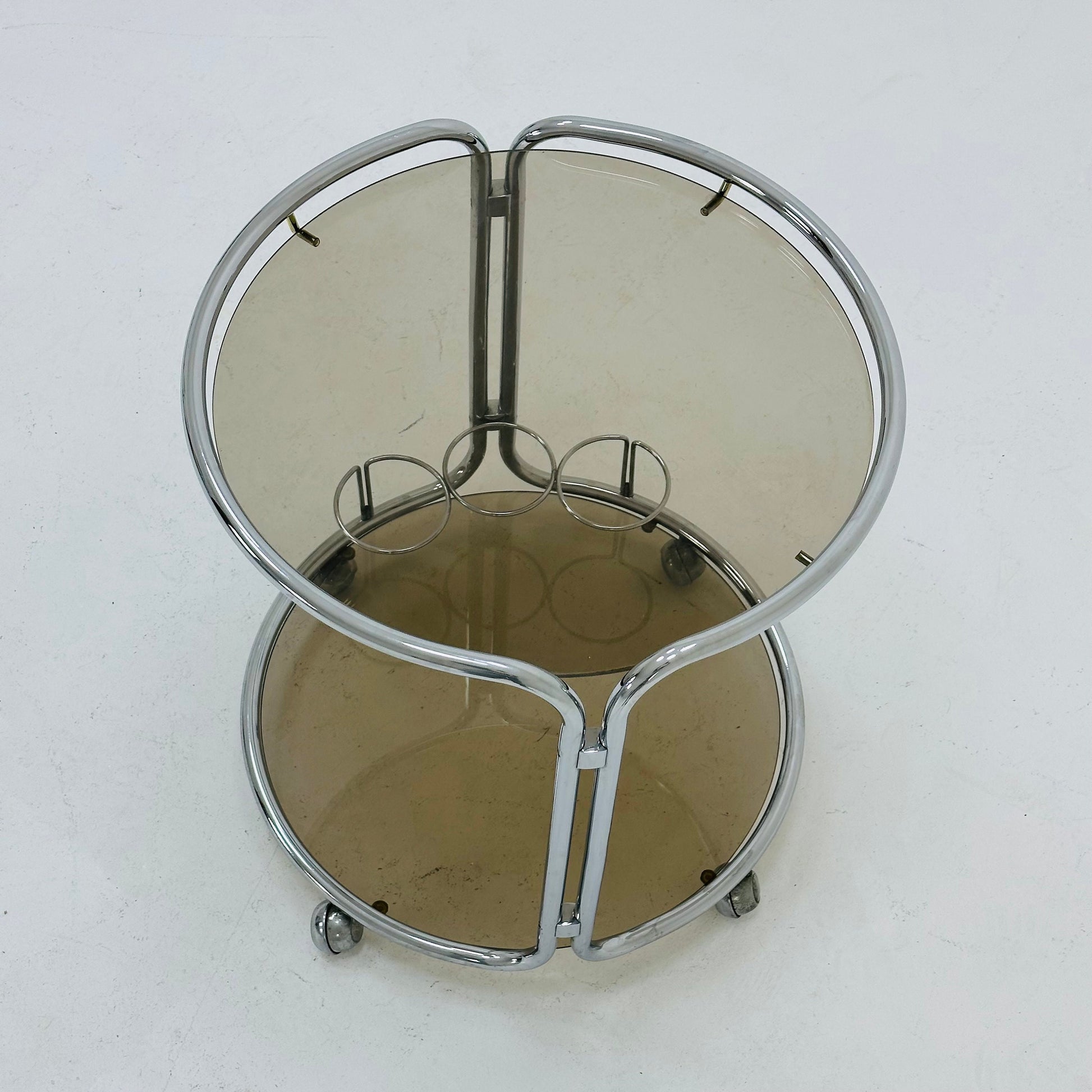 Mid century Chrome bar cart/serving trolley. Smoked glass Bauhaus Italy 1980s