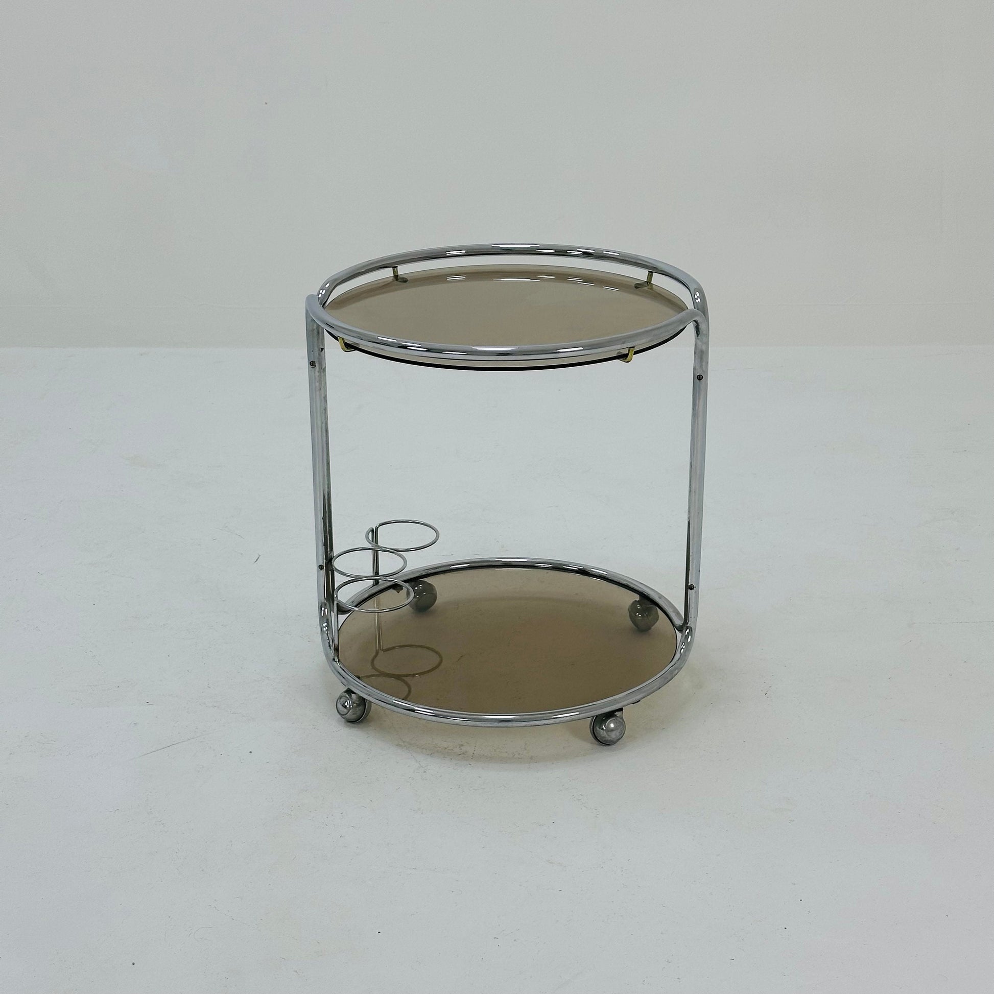 Mid century Chrome bar cart/serving trolley. Smoked glass Bauhaus Italy 1980s