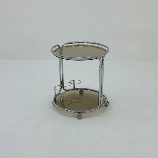 Mid century Chrome bar cart/serving trolley. Smoked glass Bauhaus Italy 1980s