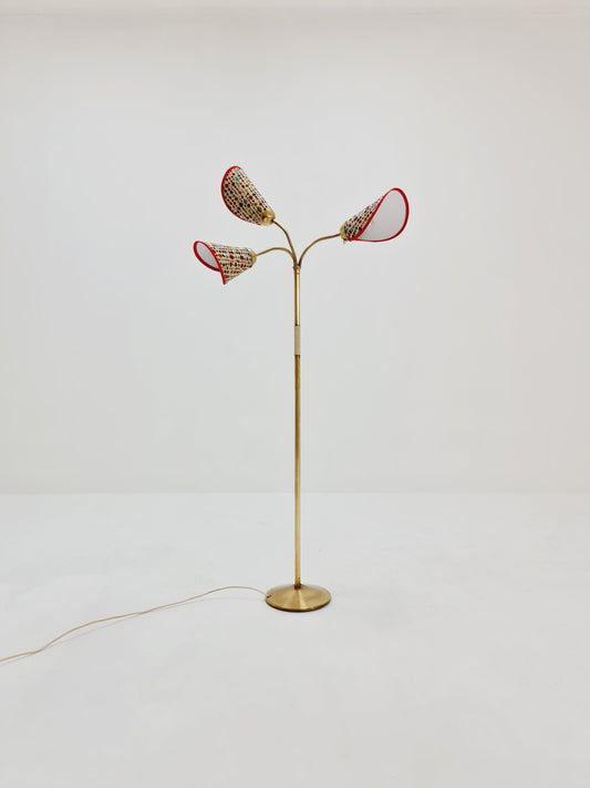 German Modern three flex arms brass floor lamp, tütenlampe, 1950s