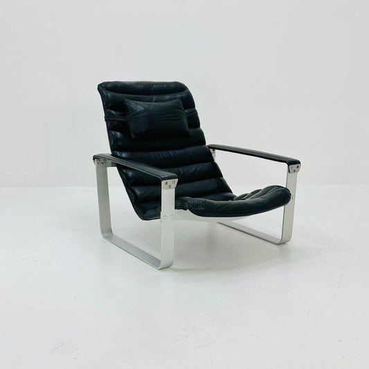 Mid century black leather Pulkka armchair by Ilmari Lappalainen for Asko, 1960
