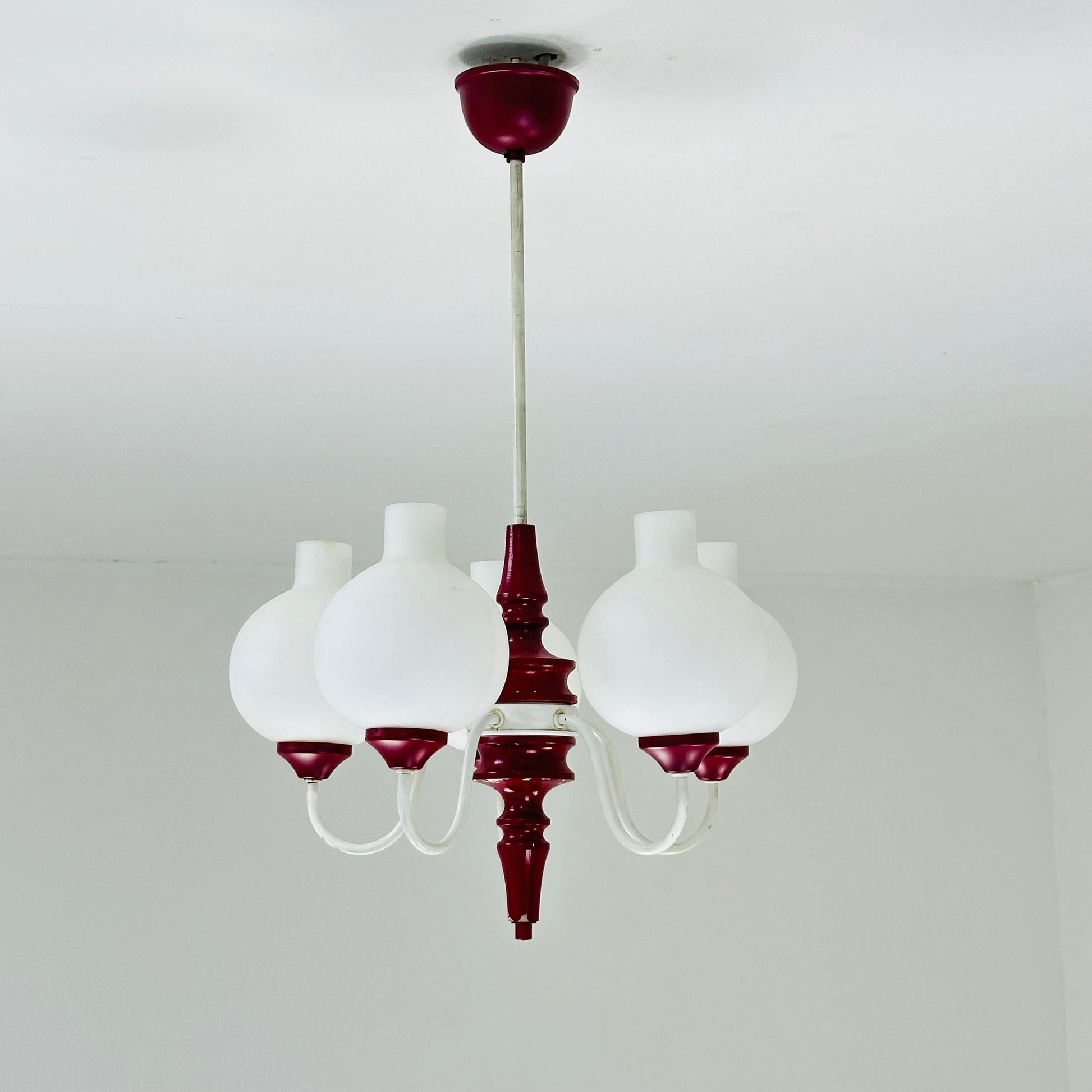 German mid century 5 Opal Glass and Bordeaux Body Chandelier by Kaiser Leuchten, 1960s, Germany