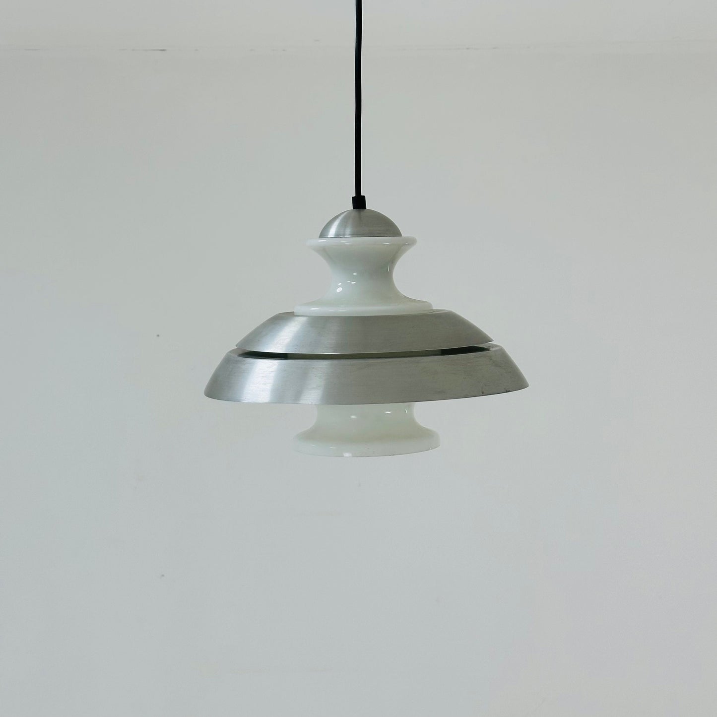 Scandinavian Pendant lamp from the 1970s in brushed aluminum and opaline glass.