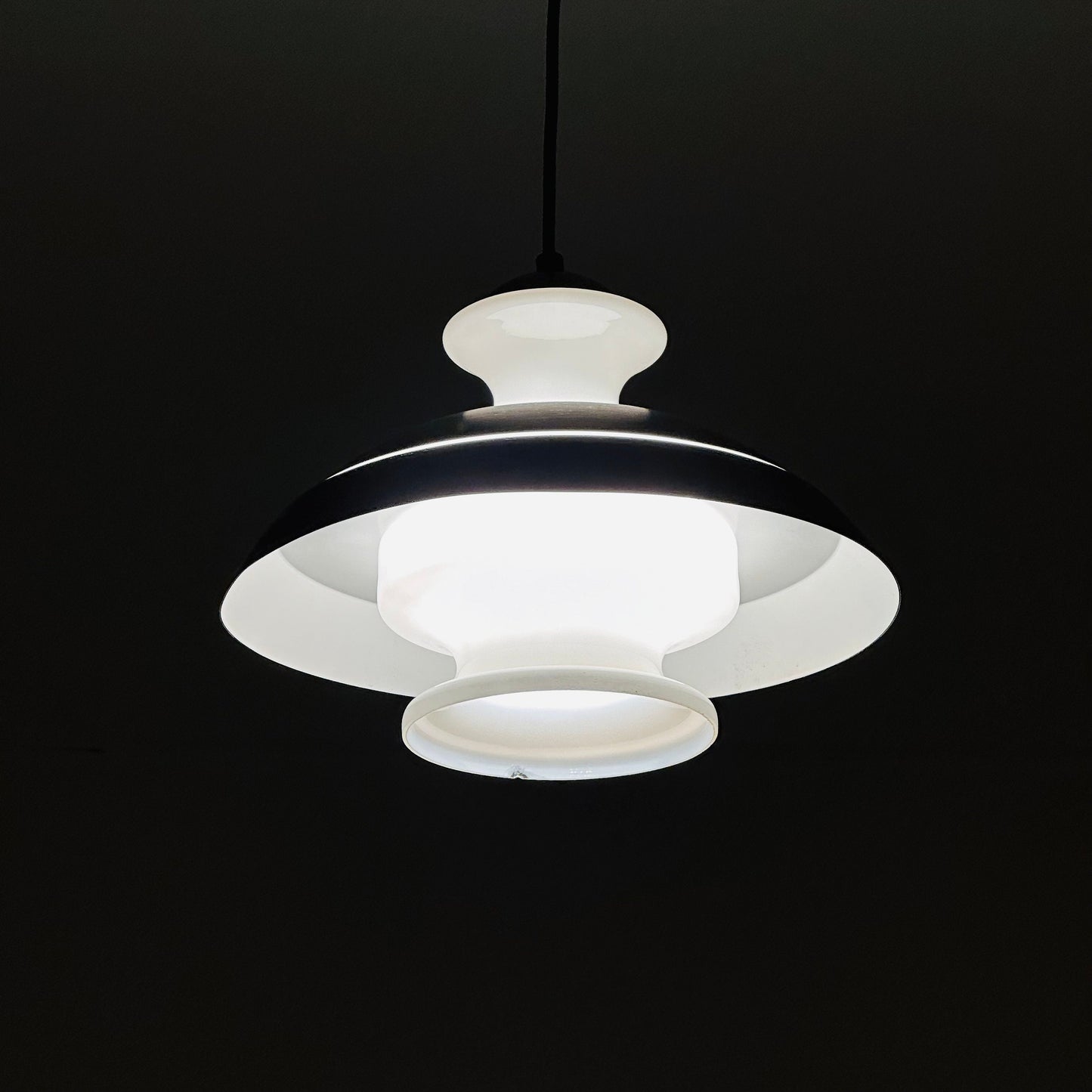 Scandinavian Pendant lamp from the 1970s in brushed aluminum and opaline glass.