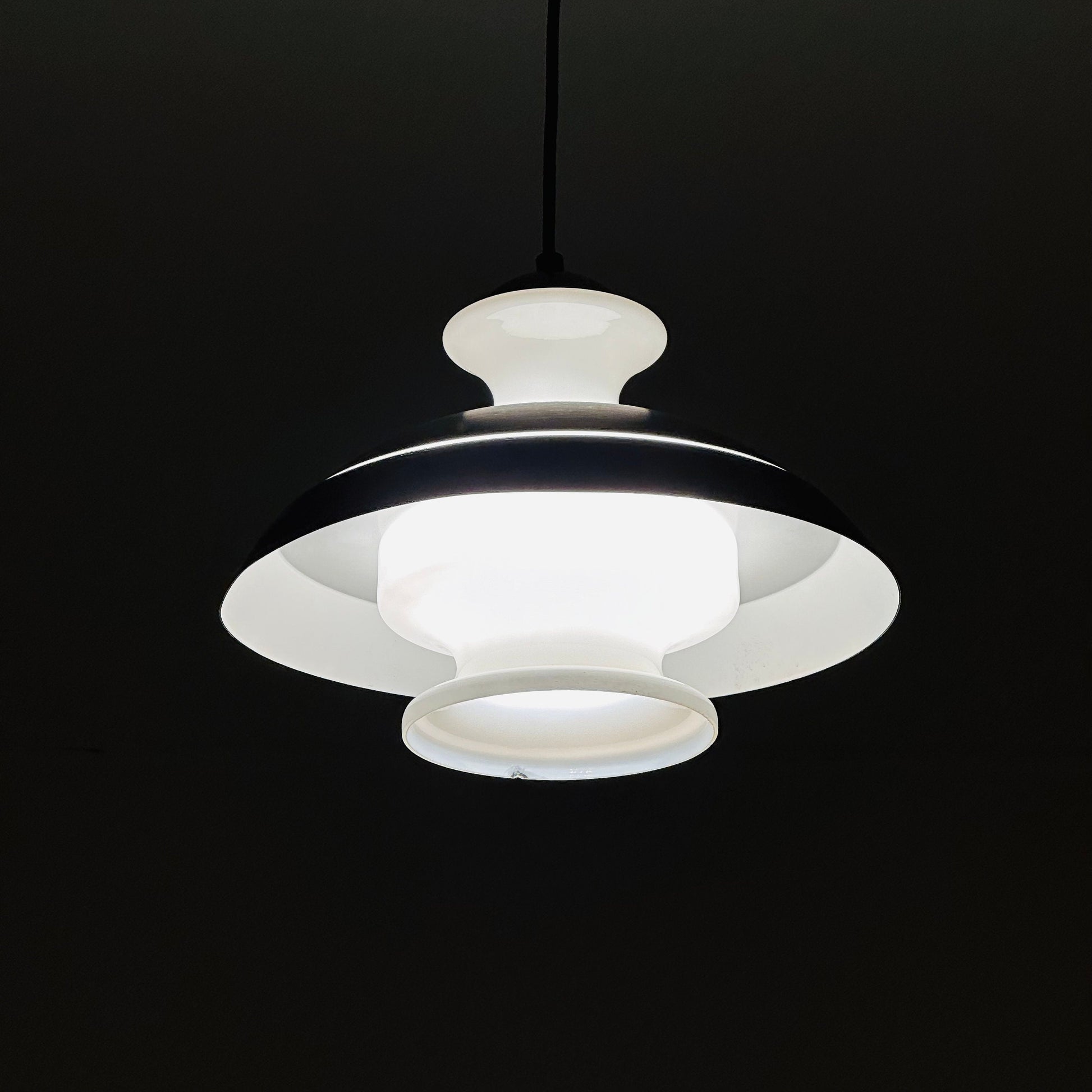 Scandinavian Pendant lamp from the 1970s in brushed aluminum and opaline glass.