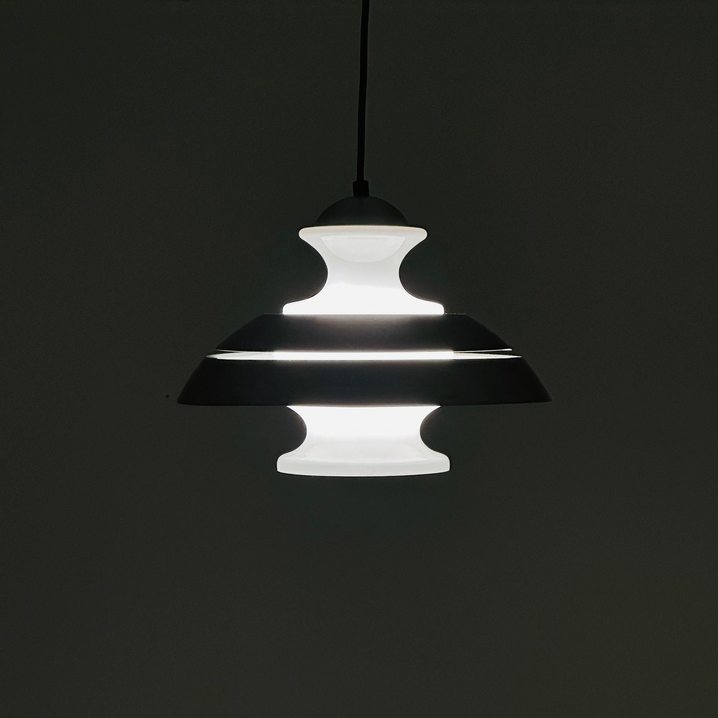Scandinavian Pendant lamp from the 1970s in brushed aluminum and opaline glass.