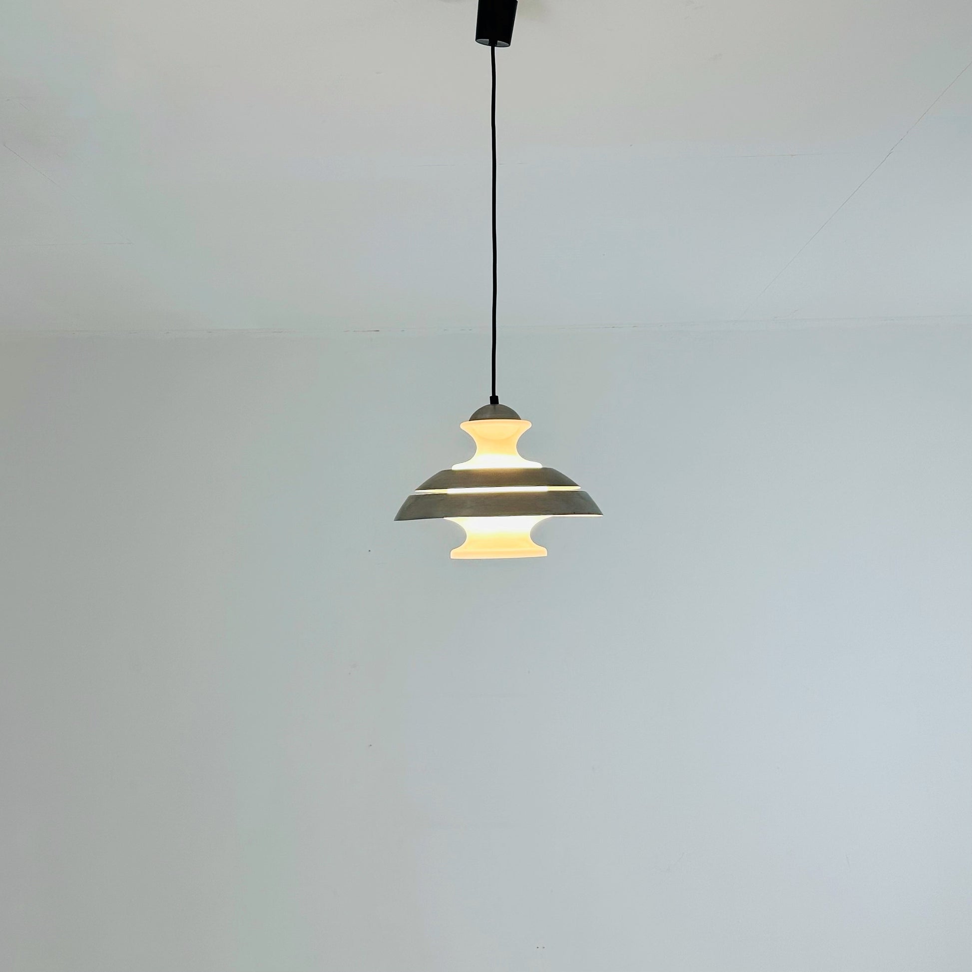 Scandinavian Pendant lamp from the 1970s in brushed aluminum and opaline glass.