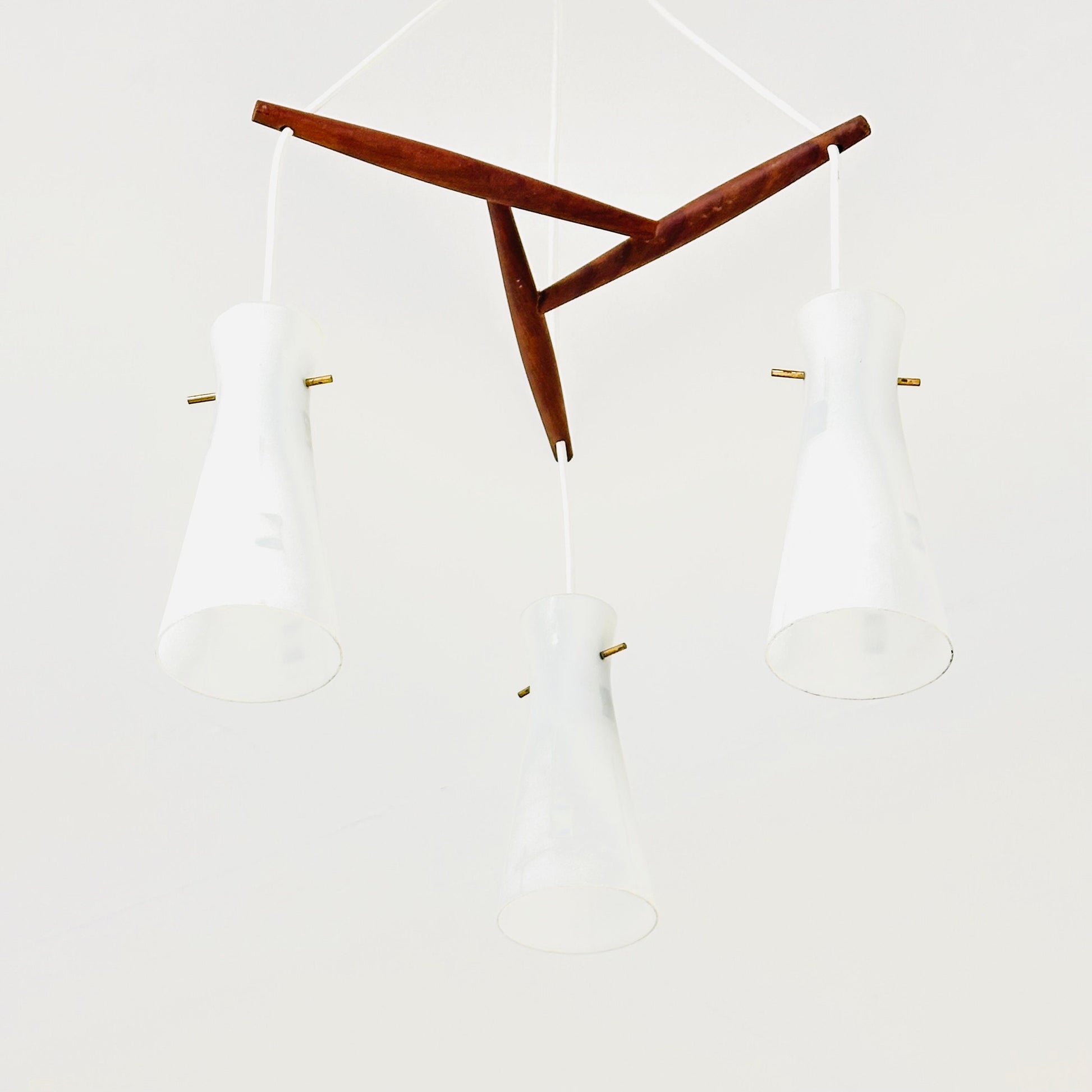 Mid century 3-Arms Teak pendant lamp and opal glass Denmark 1960s
