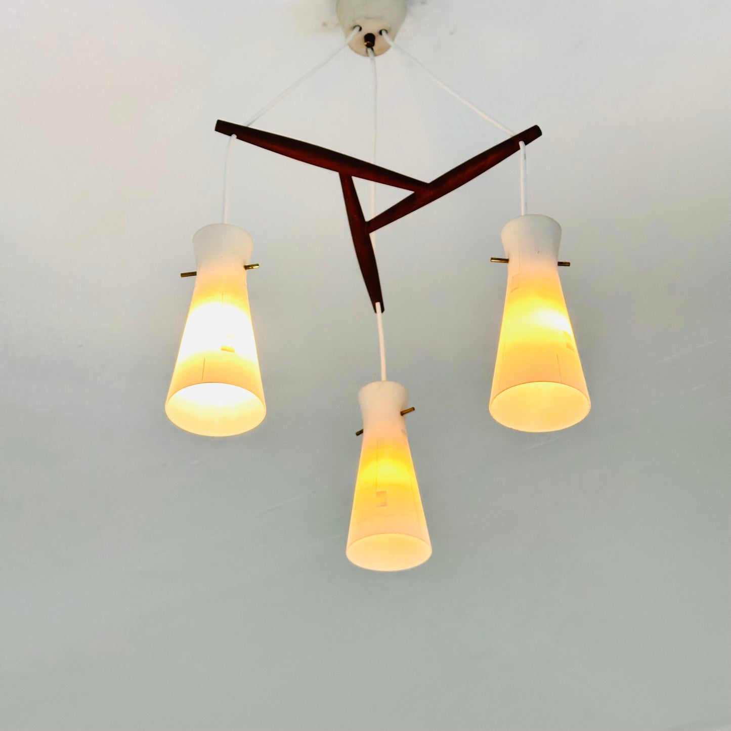 Mid century 3-Arms Teak pendant lamp and opal glass Denmark 1960s