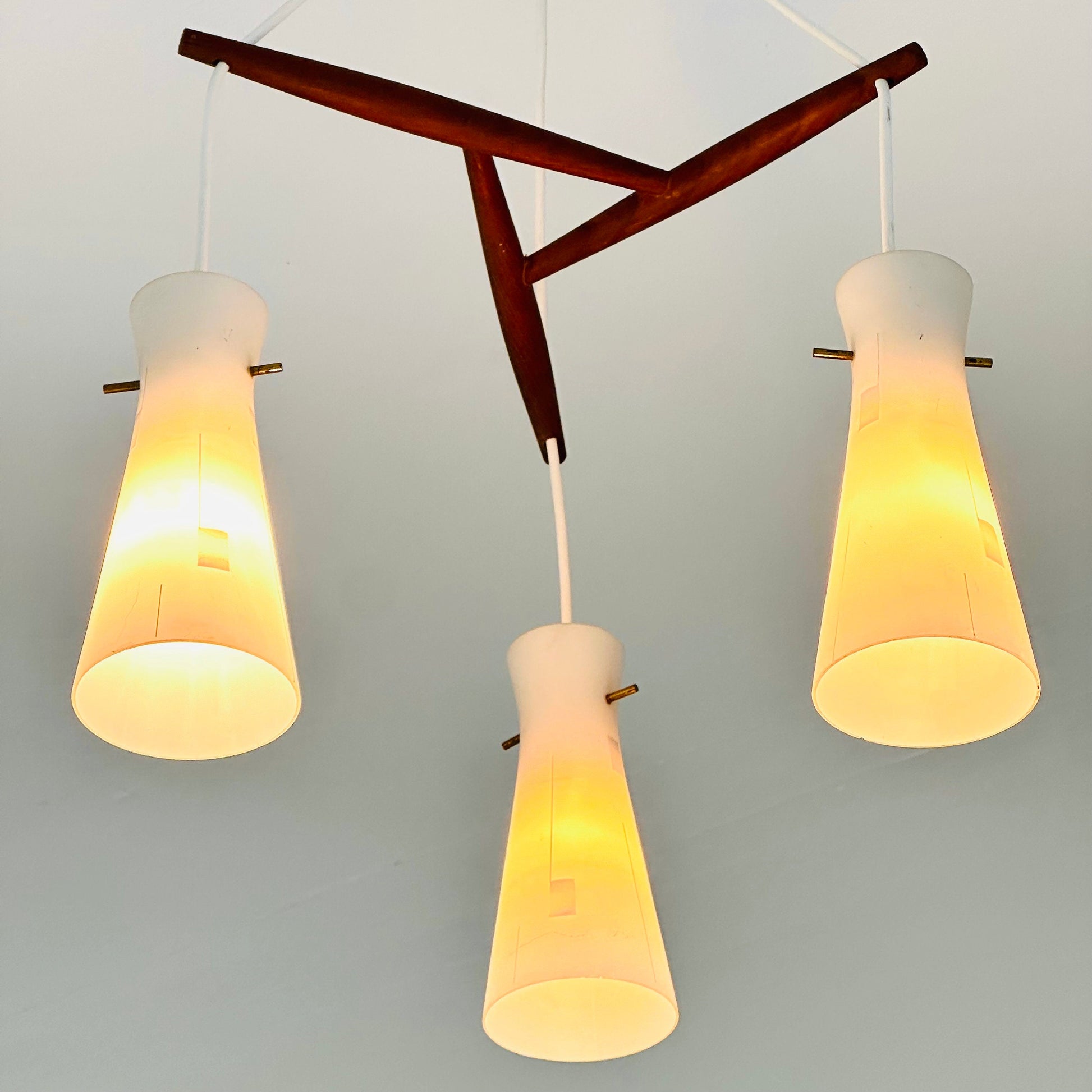 Mid century 3-Arms Teak pendant lamp and opal glass Denmark 1960s