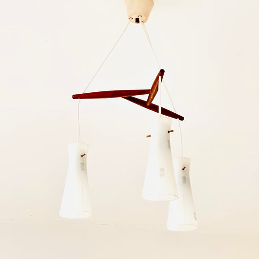 Mid century 3-Arms Teak pendant lamp and opal glass Denmark 1960s