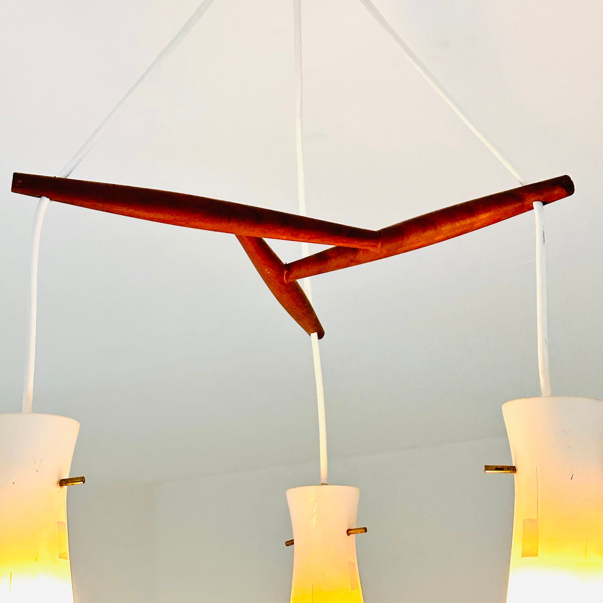 Mid century 3-Arms Teak pendant lamp and opal glass Denmark 1960s