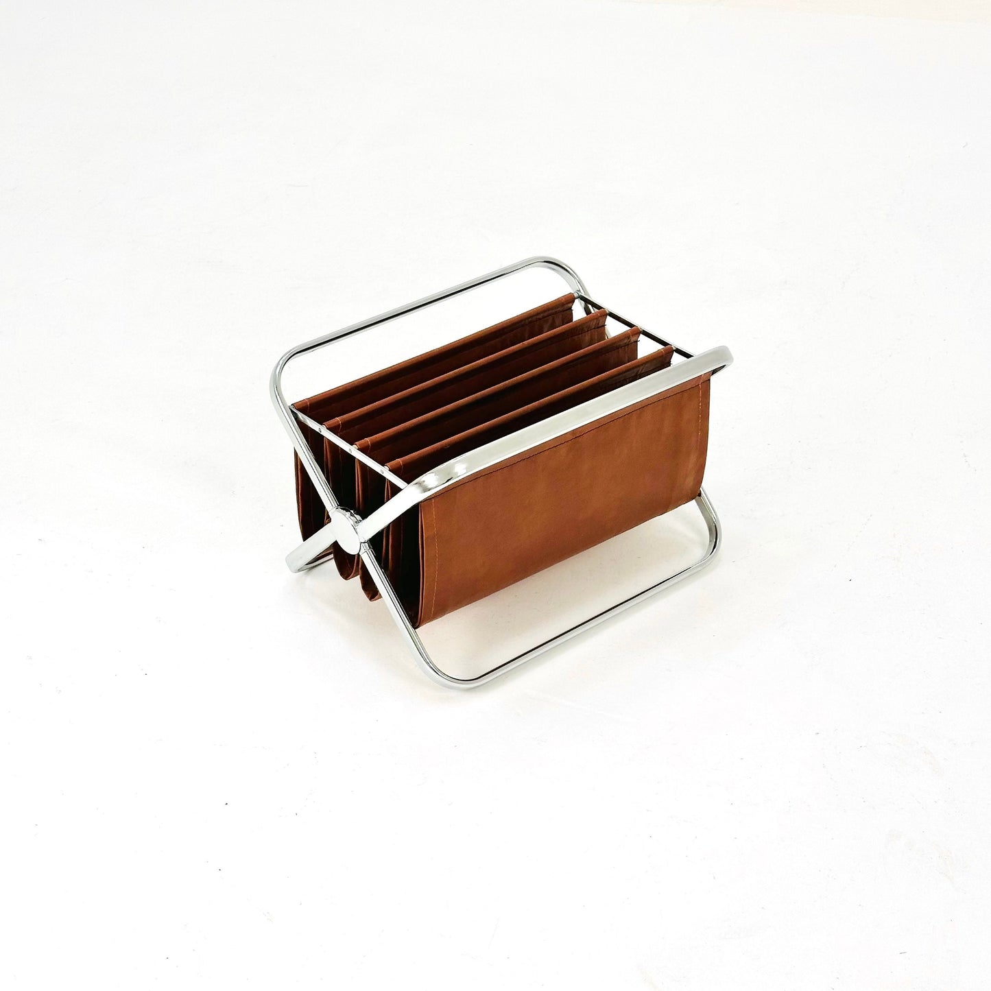 Mid century Italian chrome and cognac Leatherette Magazine Holder from Castelli, 1960s