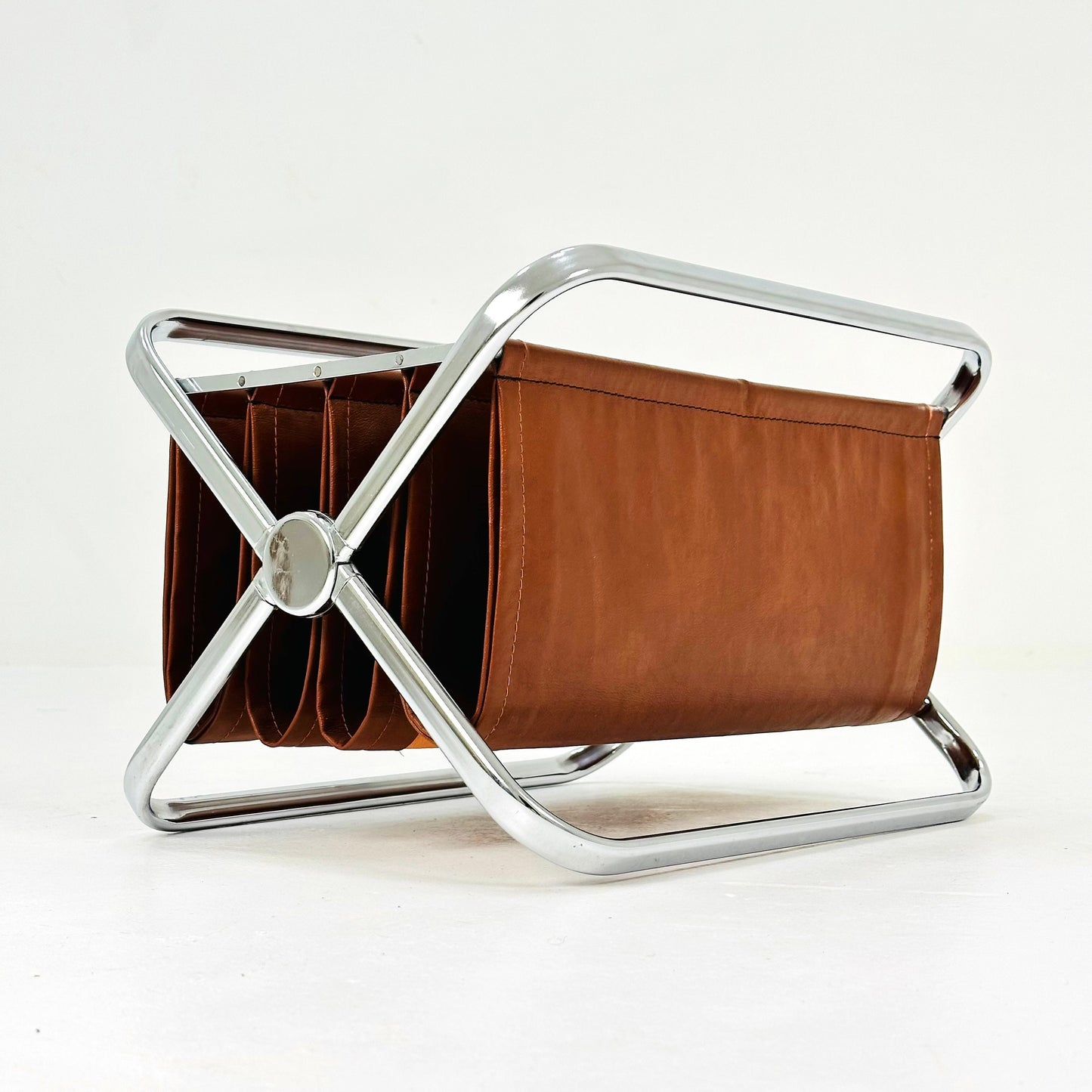 Mid century Italian chrome and cognac Leatherette Magazine Holder from Castelli, 1960s