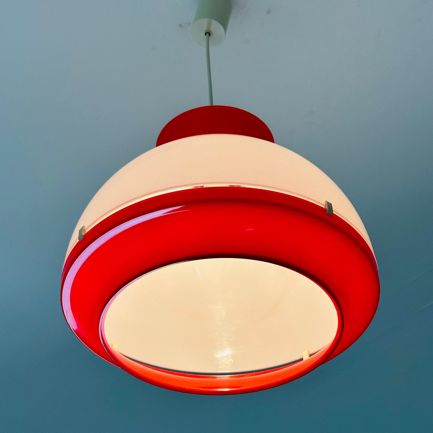 Space age White & Red Plastic Pendant Light. Italy 1980s