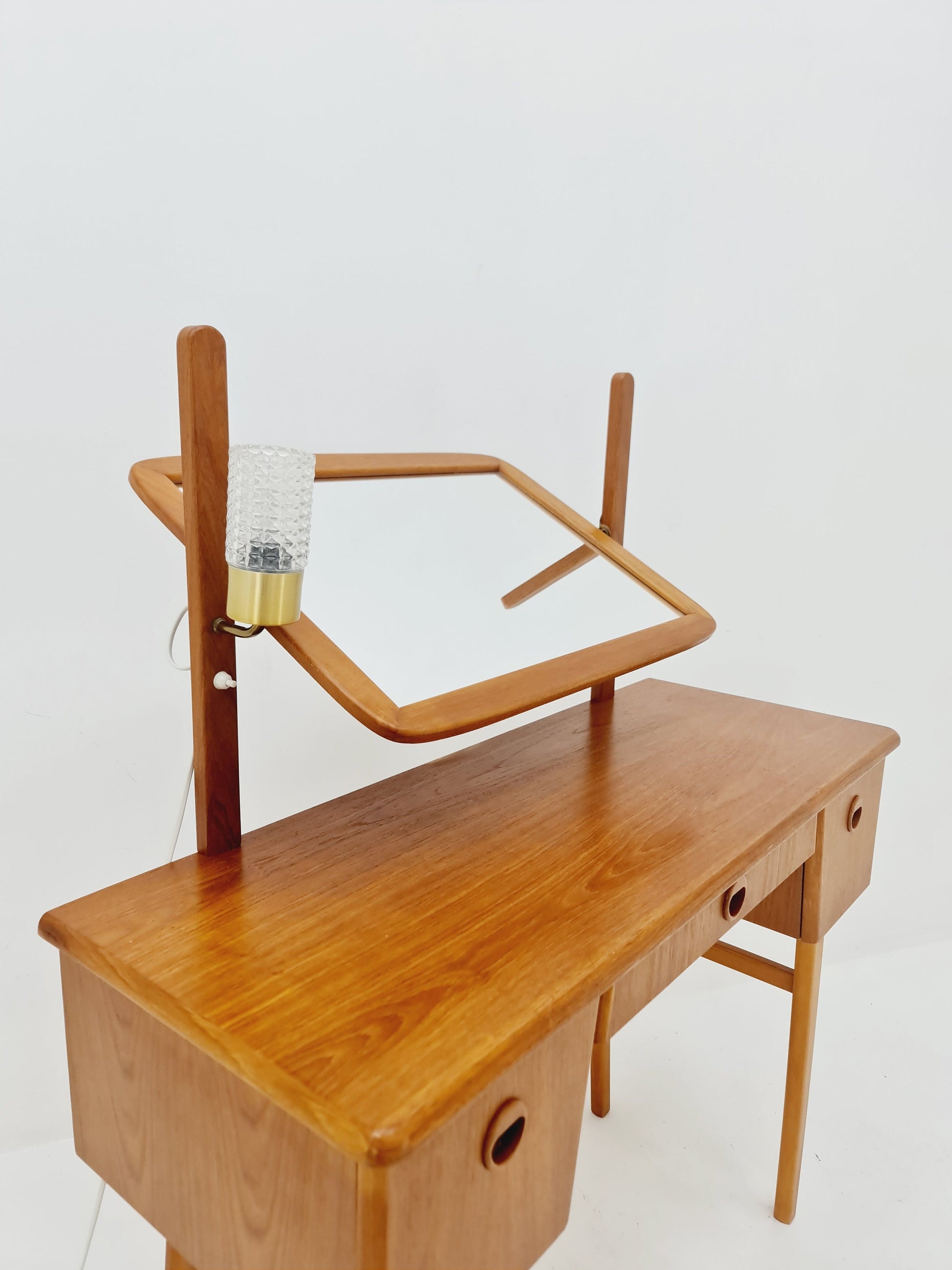 Mid Century Modern Danish teak & oak vanity table with stool make up table by Fröseke for AB nybrofabriken, 1960s
