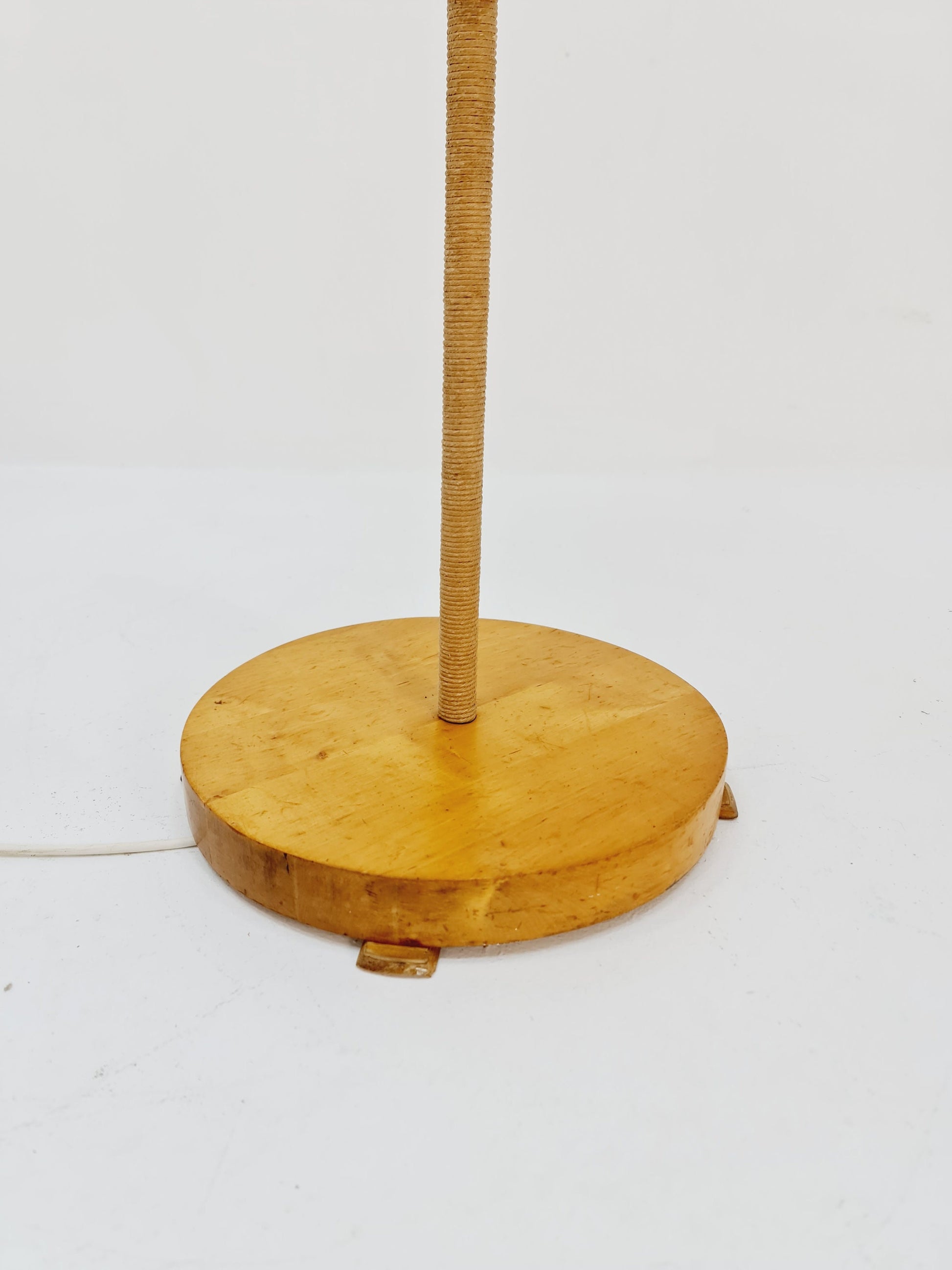 Rare Midcentury vintage gooseneck floor lamp Danish paper cord with big veneer shade by Marksljöd Sweden, 1940s