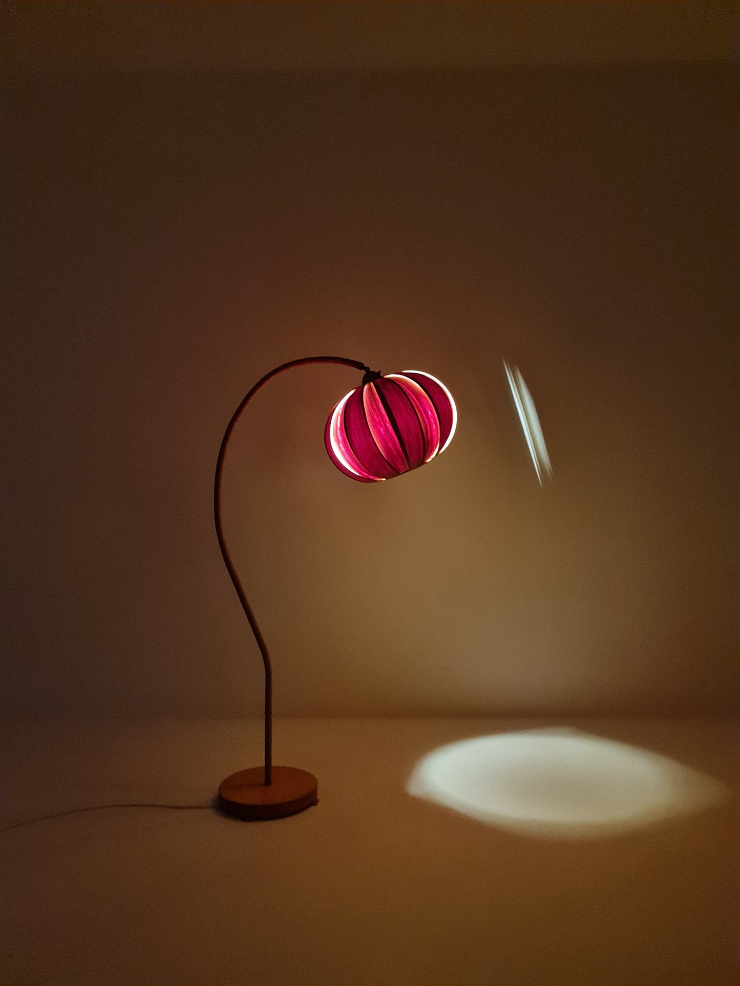 Rare Midcentury vintage gooseneck floor lamp Danish paper cord with big veneer shade by Marksljöd Sweden, 1940s